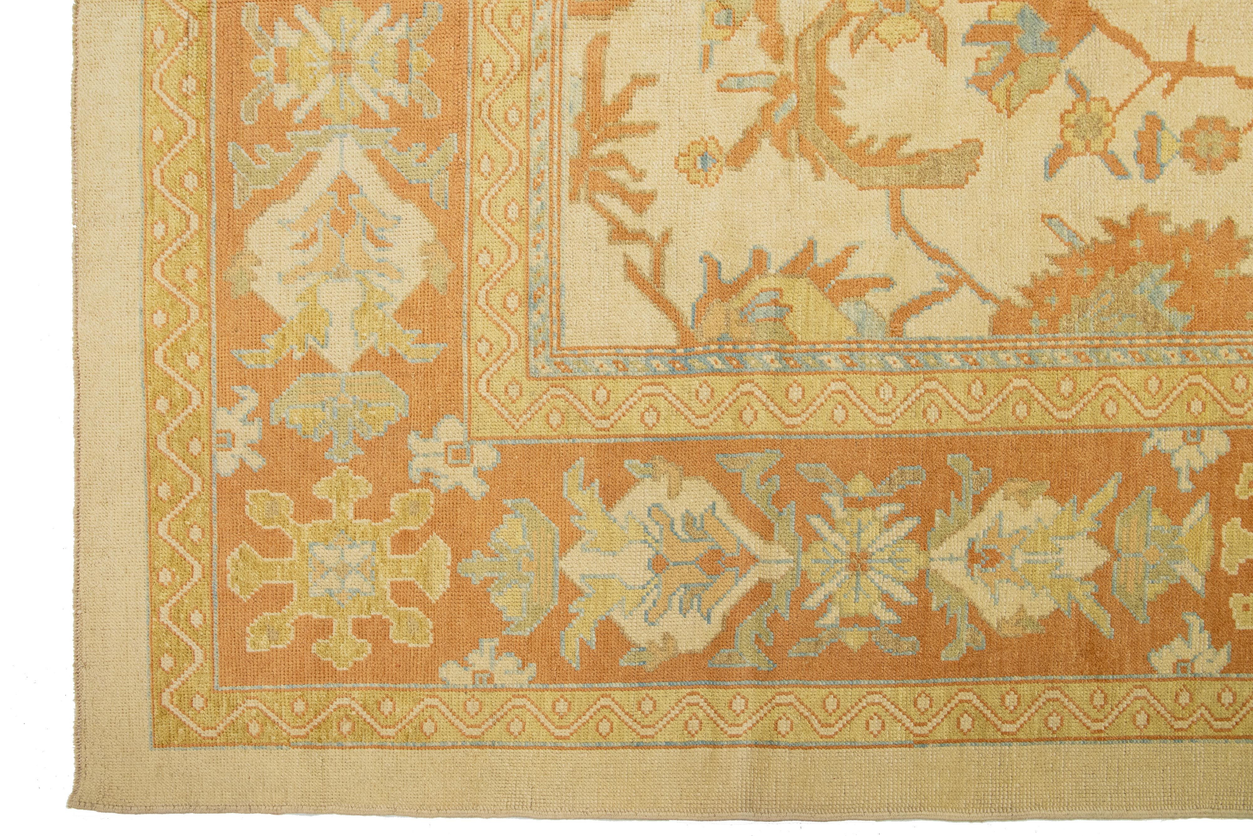 Beige Modern Turkish Oushak Rug With Allover Motif In New Condition For Sale In Norwalk, CT