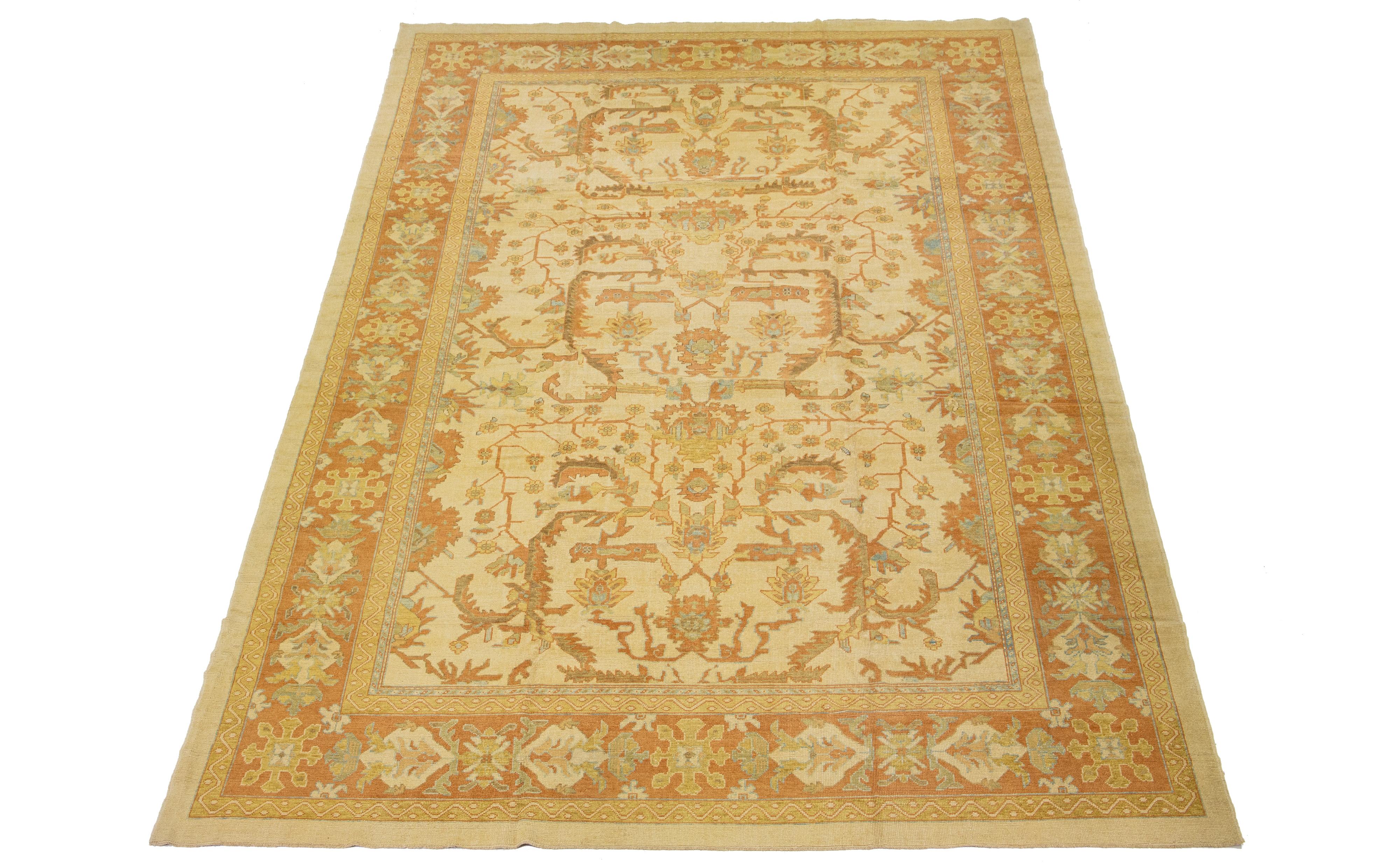 Contemporary Beige Modern Turkish Oushak Rug With Allover Motif For Sale