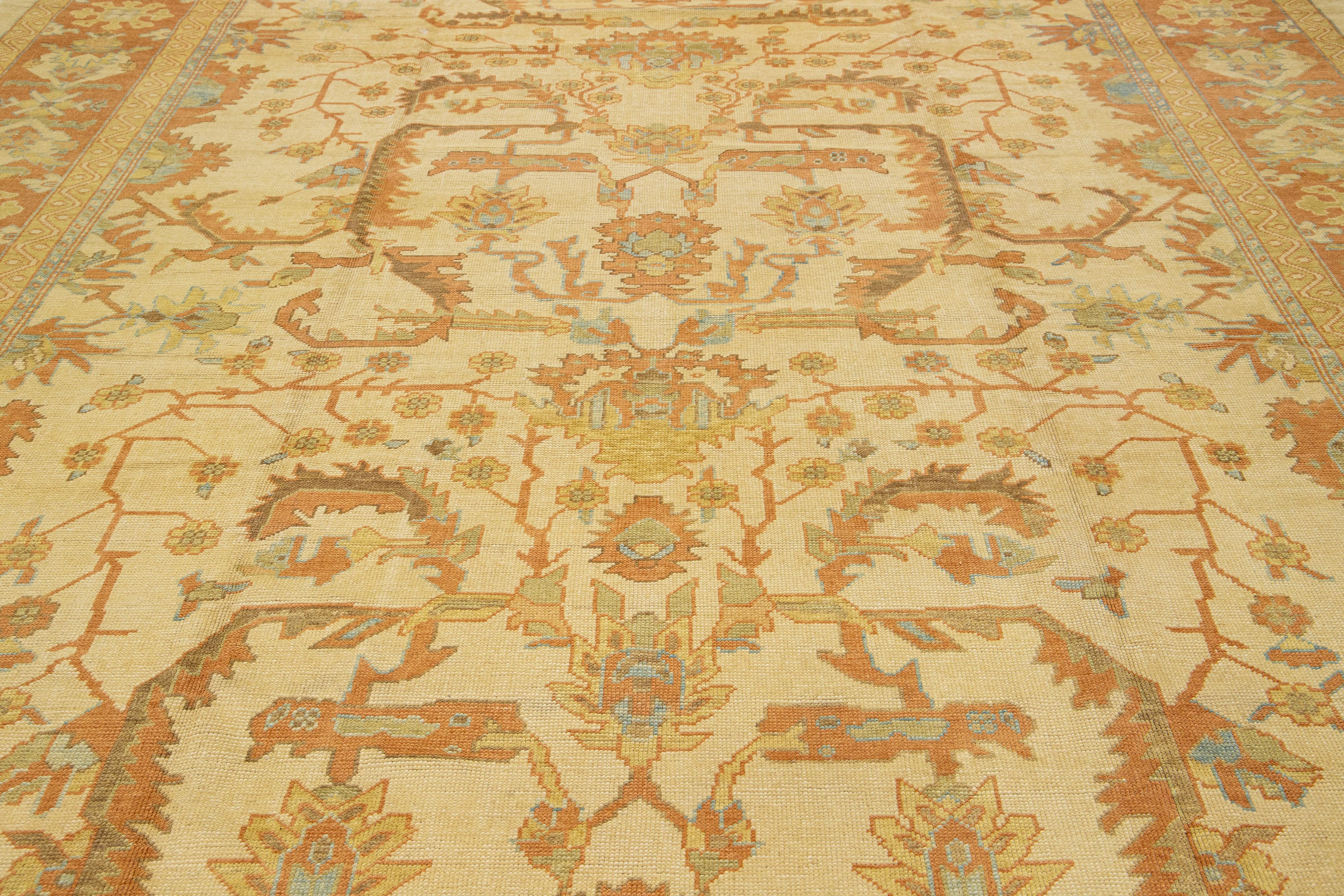 Wool Beige Modern Turkish Oushak Rug With Allover Motif For Sale