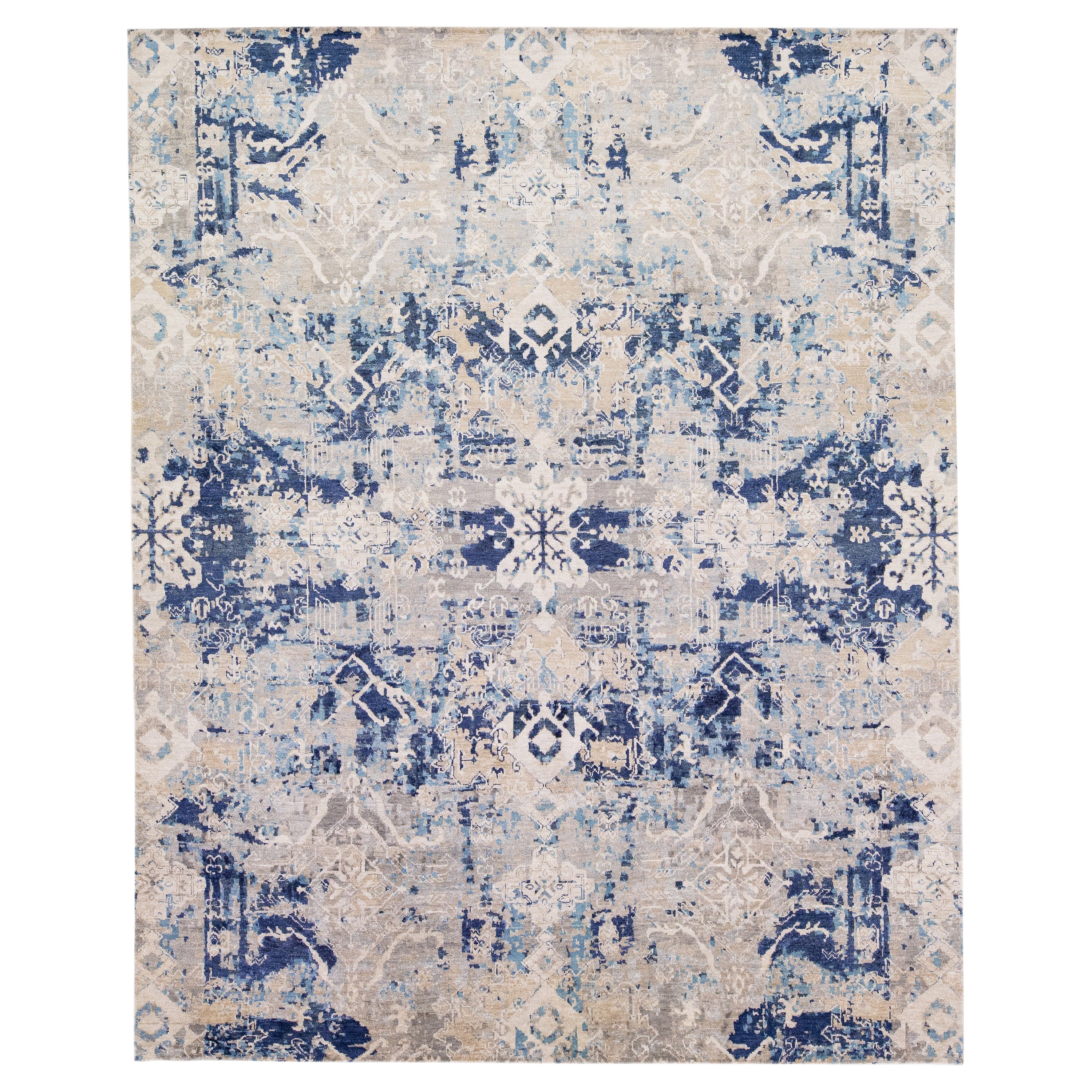 Tapis moderne en laine et soie beige fait à la main avec motif abstrait