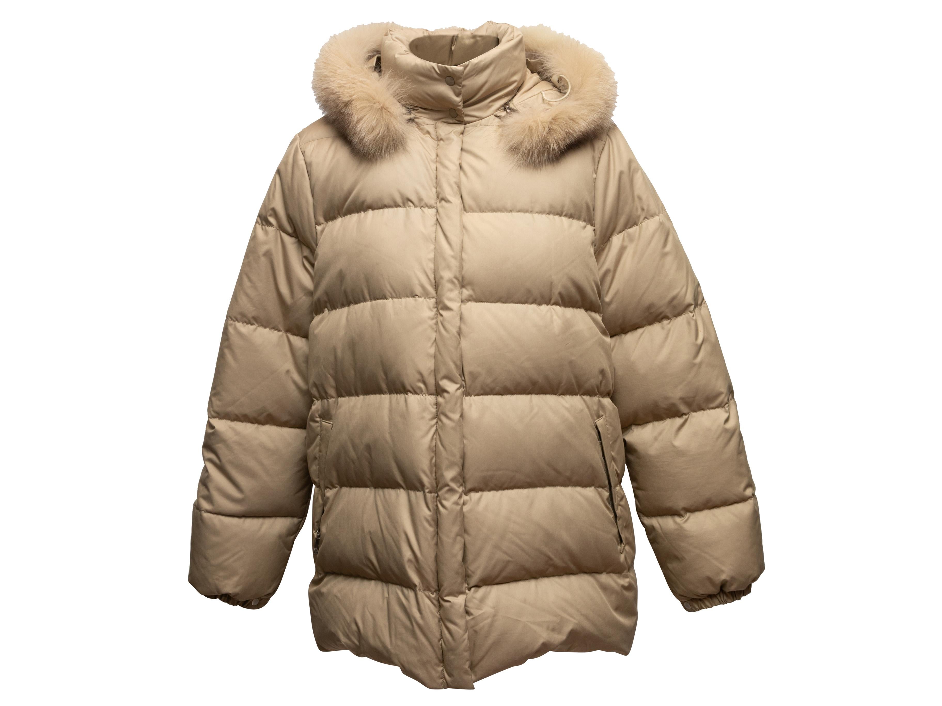 Beige Moncler Fur-Trimmed Hooded Down Puffer Coat Designer Size 3 In Good Condition In New York, NY