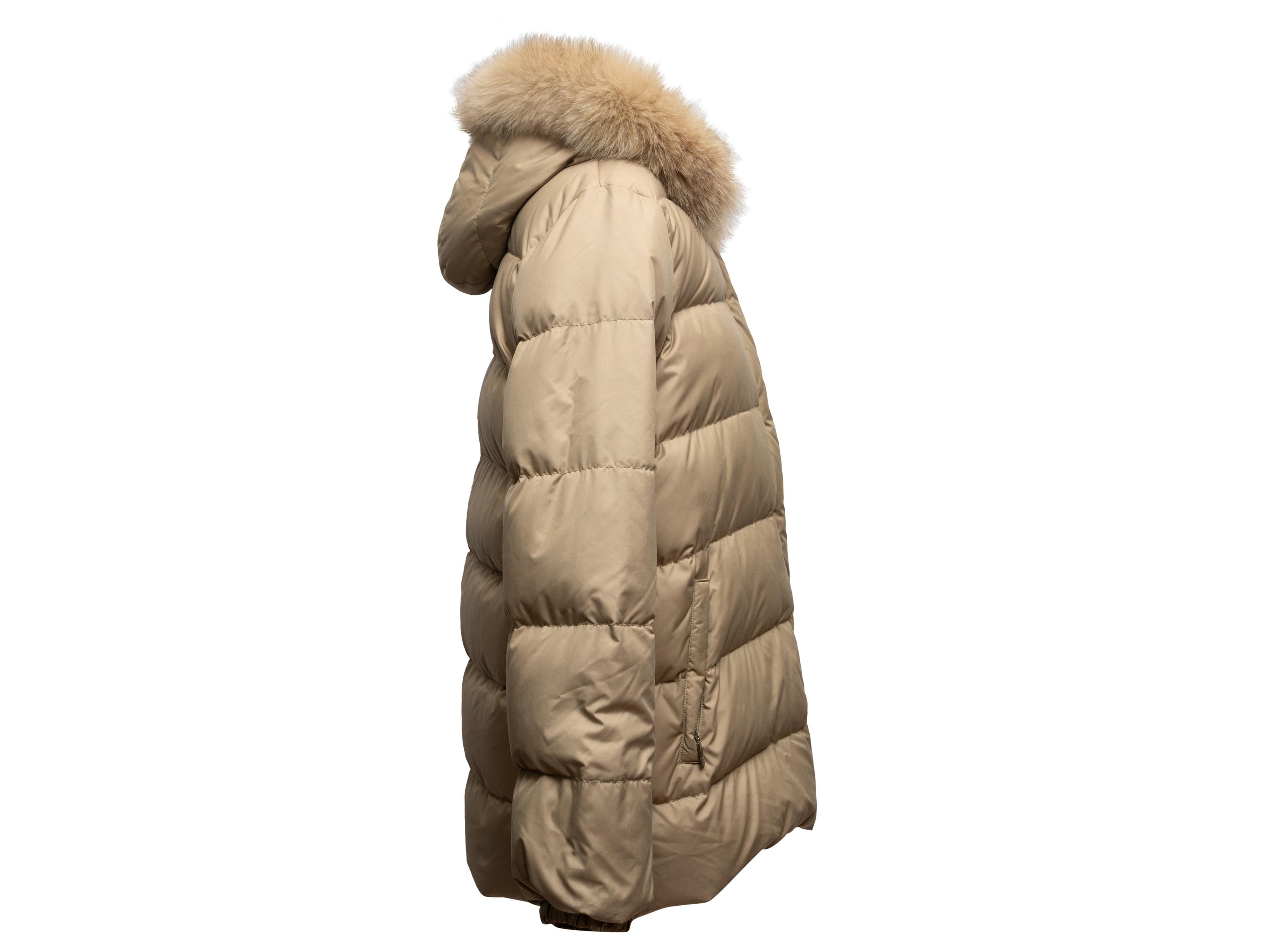 Women's Beige Moncler Fur-Trimmed Hooded Down Puffer Coat Designer Size 3