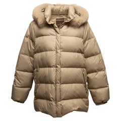Beige Moncler Fur-Trimmed Hooded Down Puffer Coat Designer Size 3