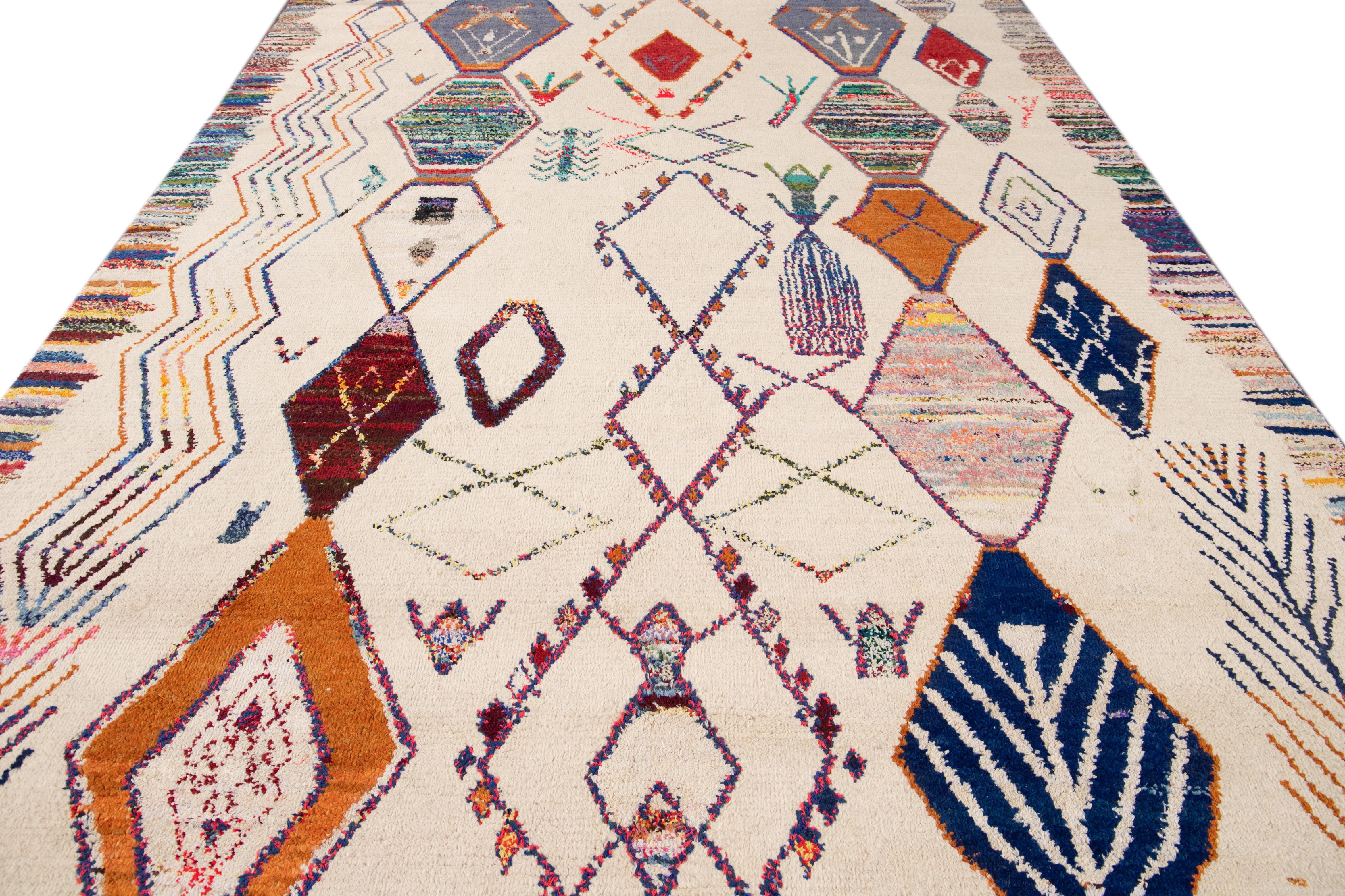 Hand-Knotted Beige Moroccan Style Modern Wool Rug With Multicolor Tribal Design For Sale