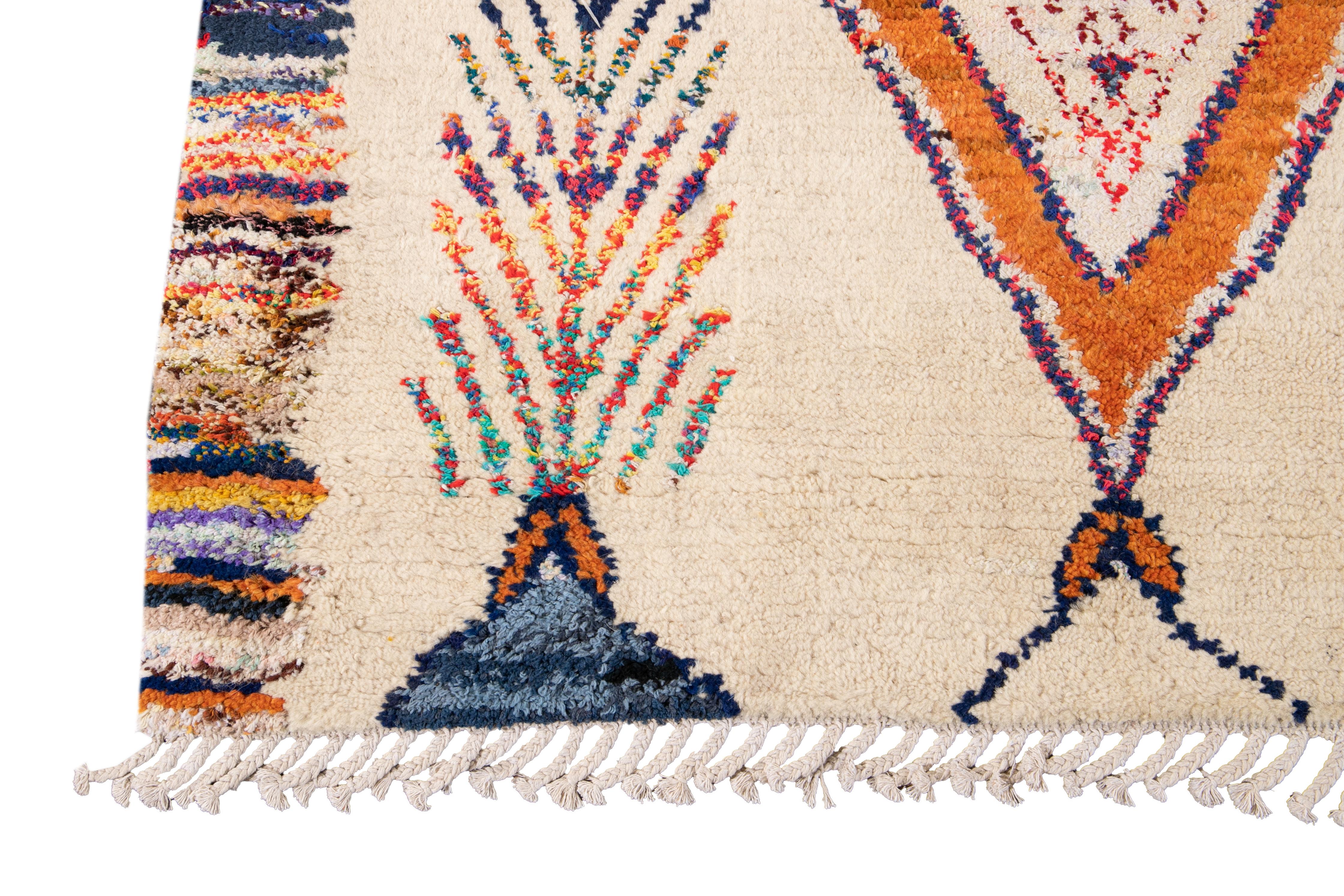 Beige Moroccan Style Modern Wool Rug With Multicolor Tribal Design For Sale 2