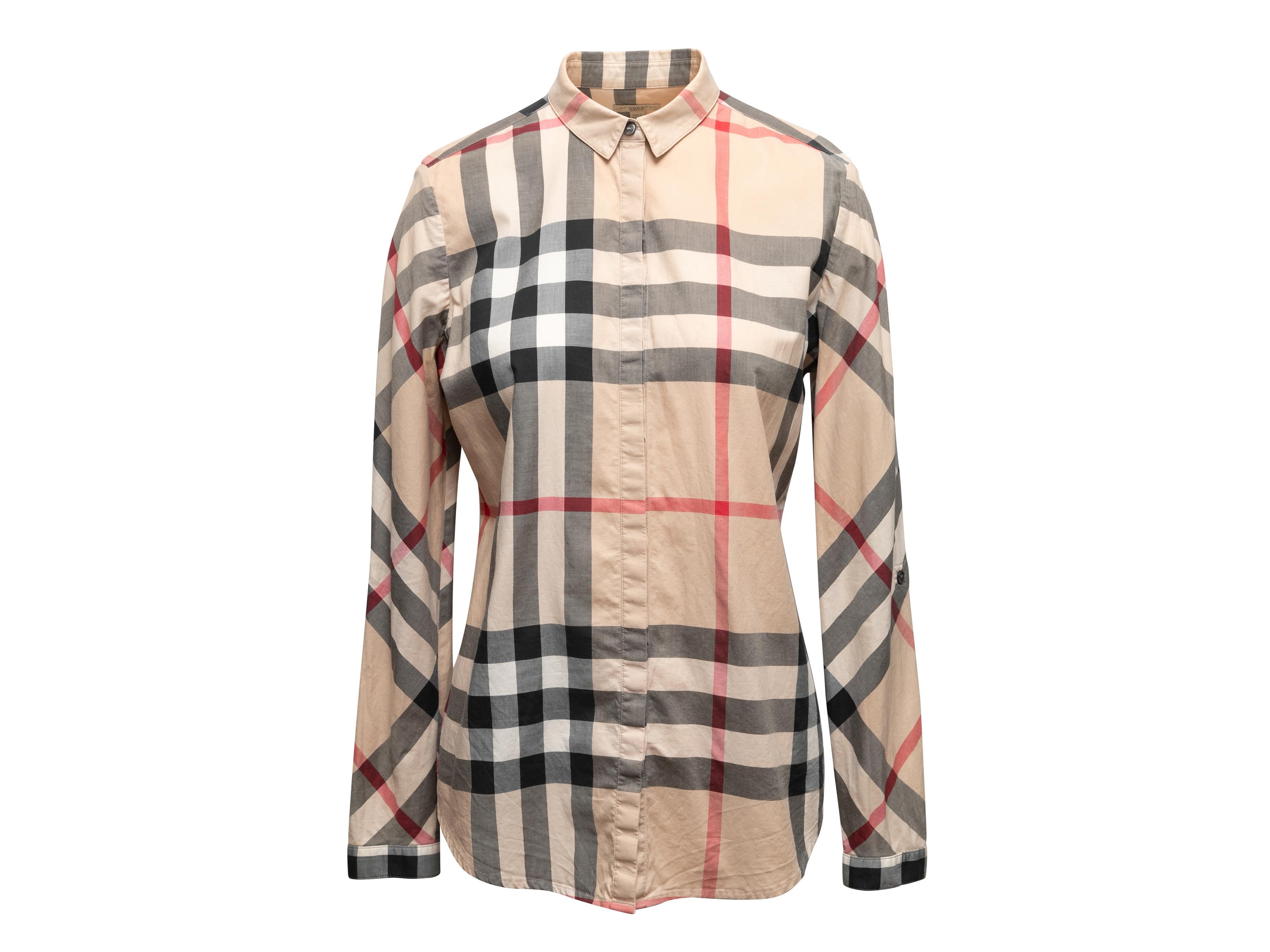 Beige and multicolor Nova Check long sleeve button-up top by Burberry Brit. Pointed collar. Button closures at center front. 40
