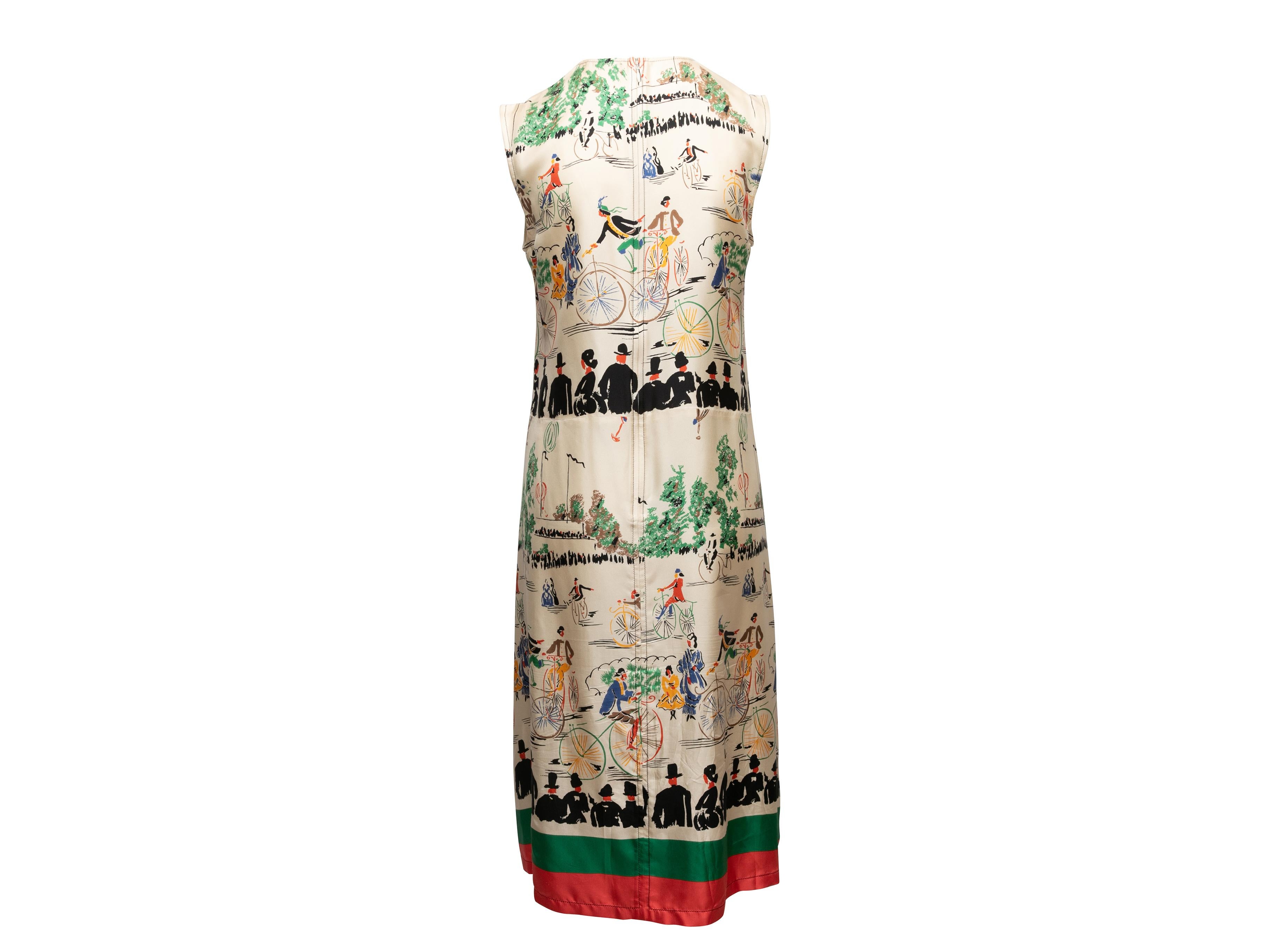 Vestito senza maniche in seta stampata Celine beige e multicolore taglia FR 38 In condizioni buone a New York, NY