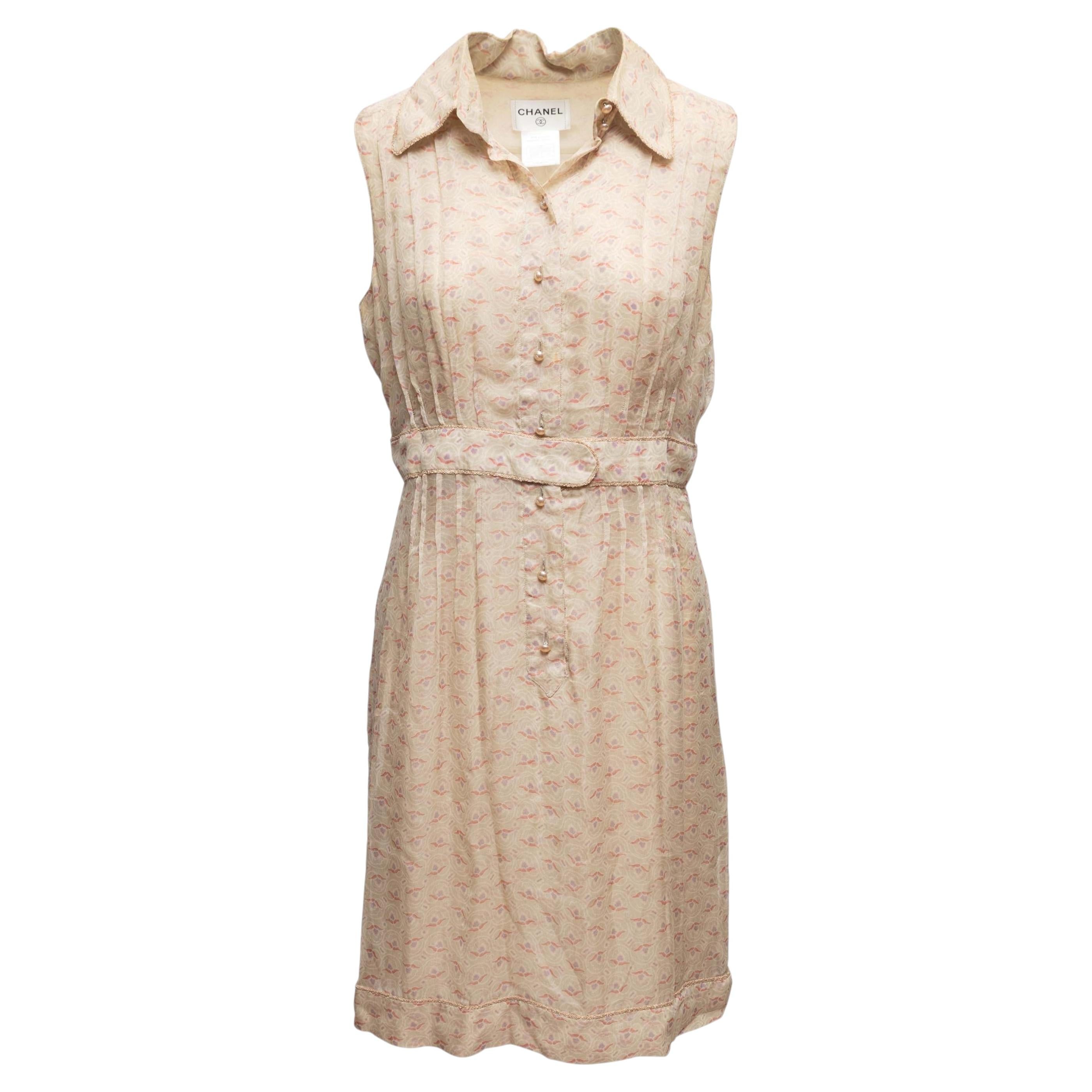 Robe en soie imprimée sans manches beige et multicolore Chanel Taille FR 42