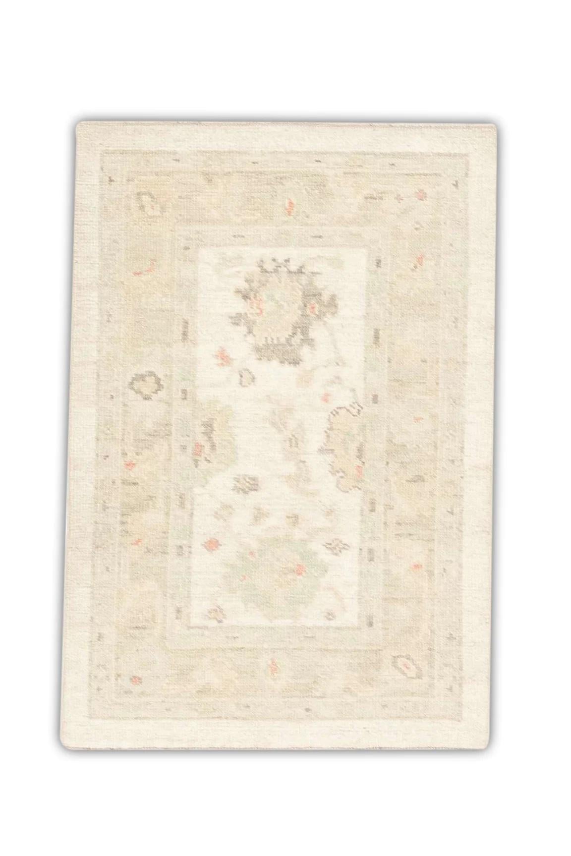 Alfombra Oushak Turca de Lana Tejida a Mano Multicolor Beige 2'5