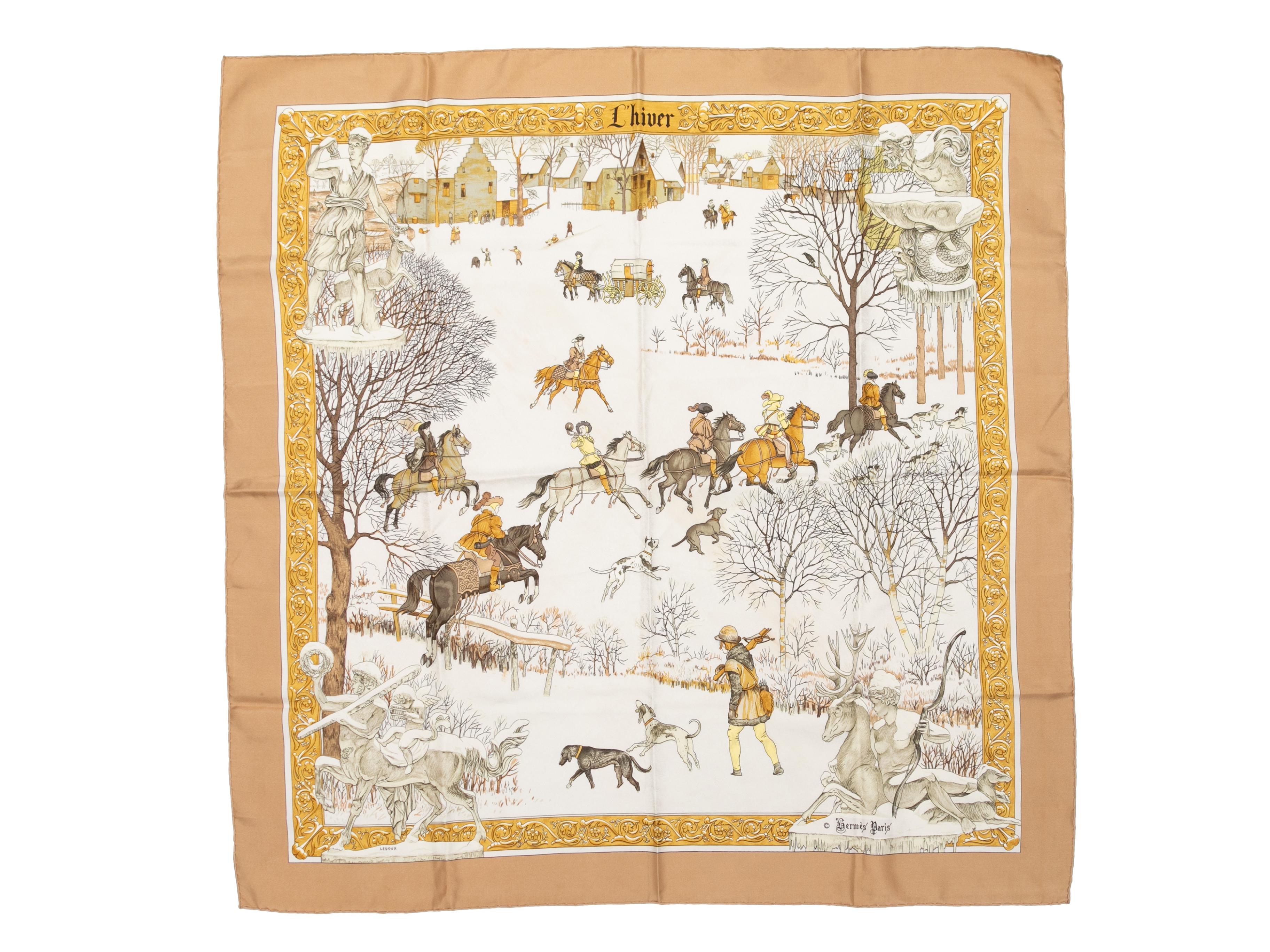 Women's Beige & Multicolor Hermes L'hiver Motif Printed Silk Scarf For Sale