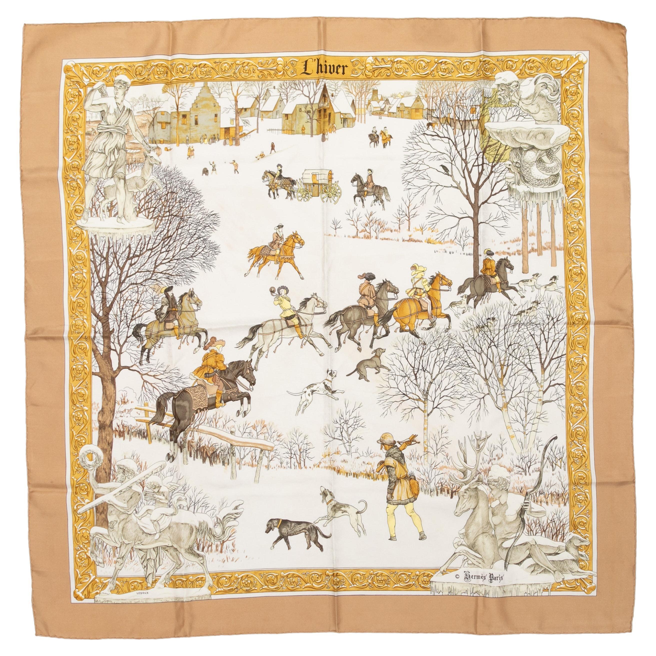 Beige & Multicolor Hermes L'hiver Motif Printed Silk Scarf For Sale