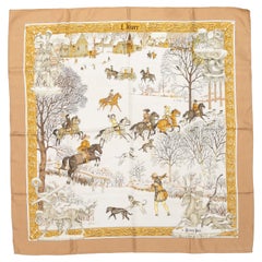 Beige & Multicolor Hermes L'hiver Motif Printed Silk Scarf