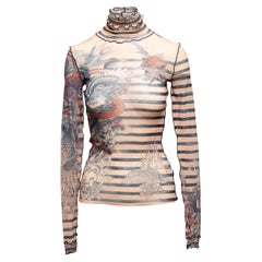 Beige & Multicolor Jean Paul Gaultier Sheer Tattoo Print Mesh Top Size US XS