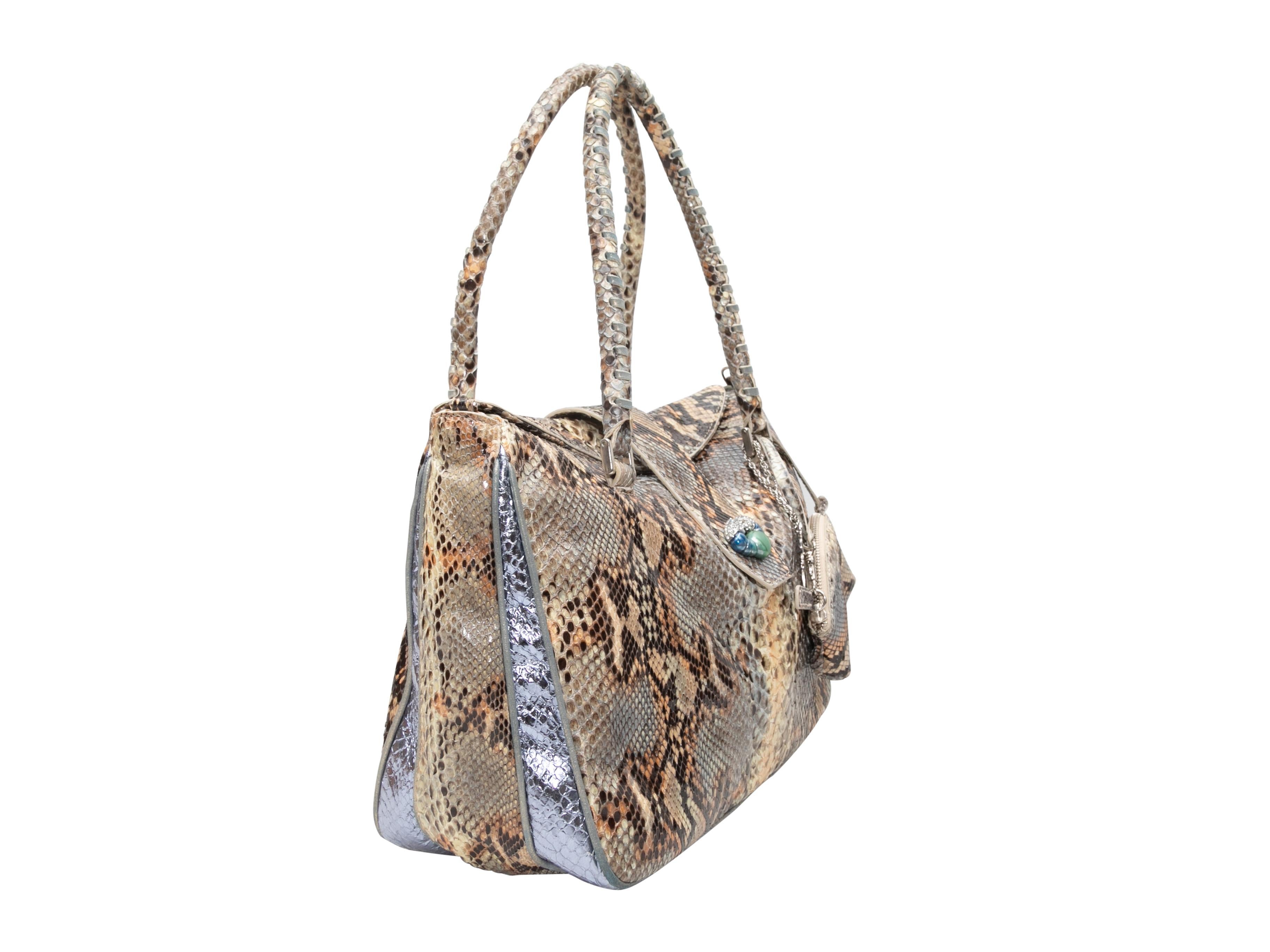 Beige & Multicolor Shiro Snakeskin Tote Bag. This bag features a snakeskin body, silver-tone hardware, dual rolled shoulder straps, matching zip pouch, and a front cabochon closure. 13.5