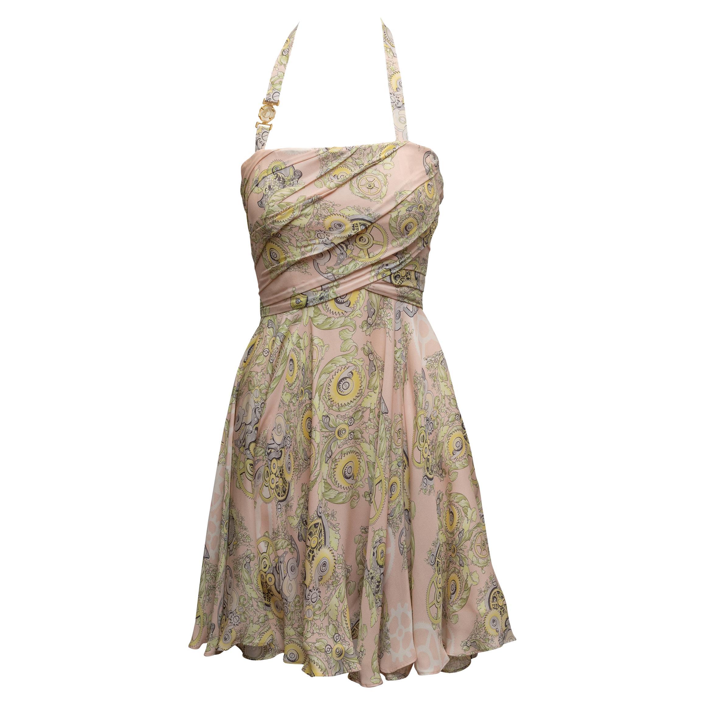 Beige & Multicolor Versace Collection Printed Silk Halter Dress Size IT 40 For Sale