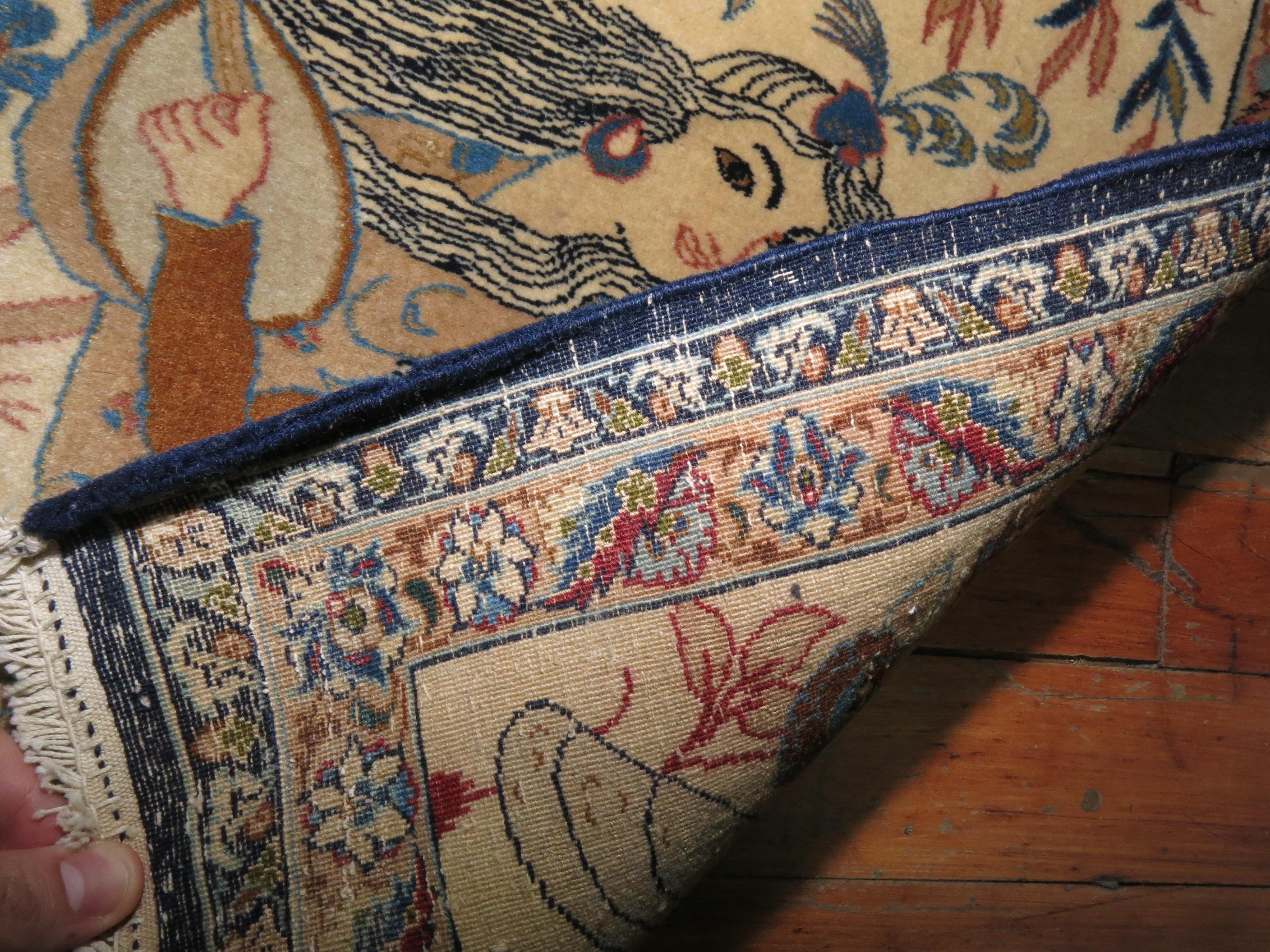 One of a kind mid-20th century high decorative caliber Pictorial Persian Nain rug with a woman playfully playing with her Banjo. A mosque can be seen in the background. 

Measures: 1'5