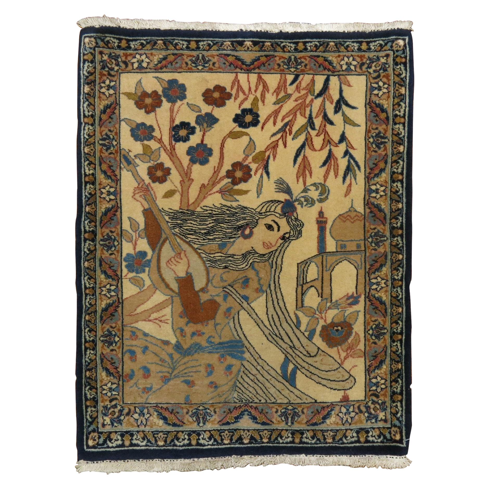 Beige Navy Handwoven Persian Nain Pictorial Lady with a Banjo Rug