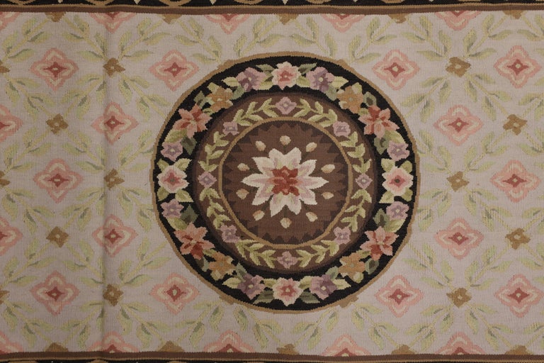 Beige Needlepoint Runner Rug Handwoven Traditional Floral Area Rug For