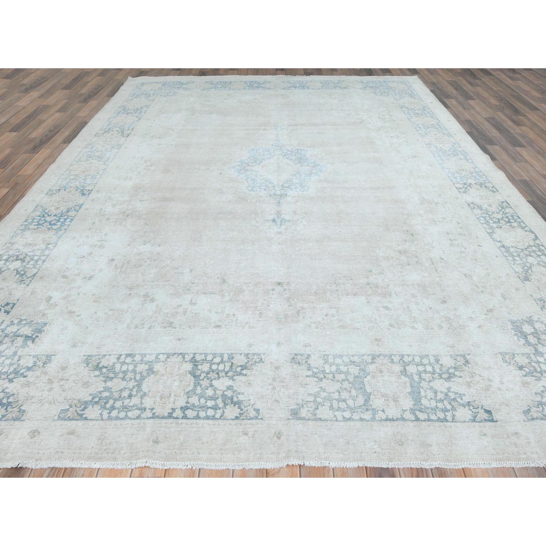 Medieval Beige Old Persian Kerman Hand Knotted Cropped Thin Worn Wool Distressed Rug For Sale