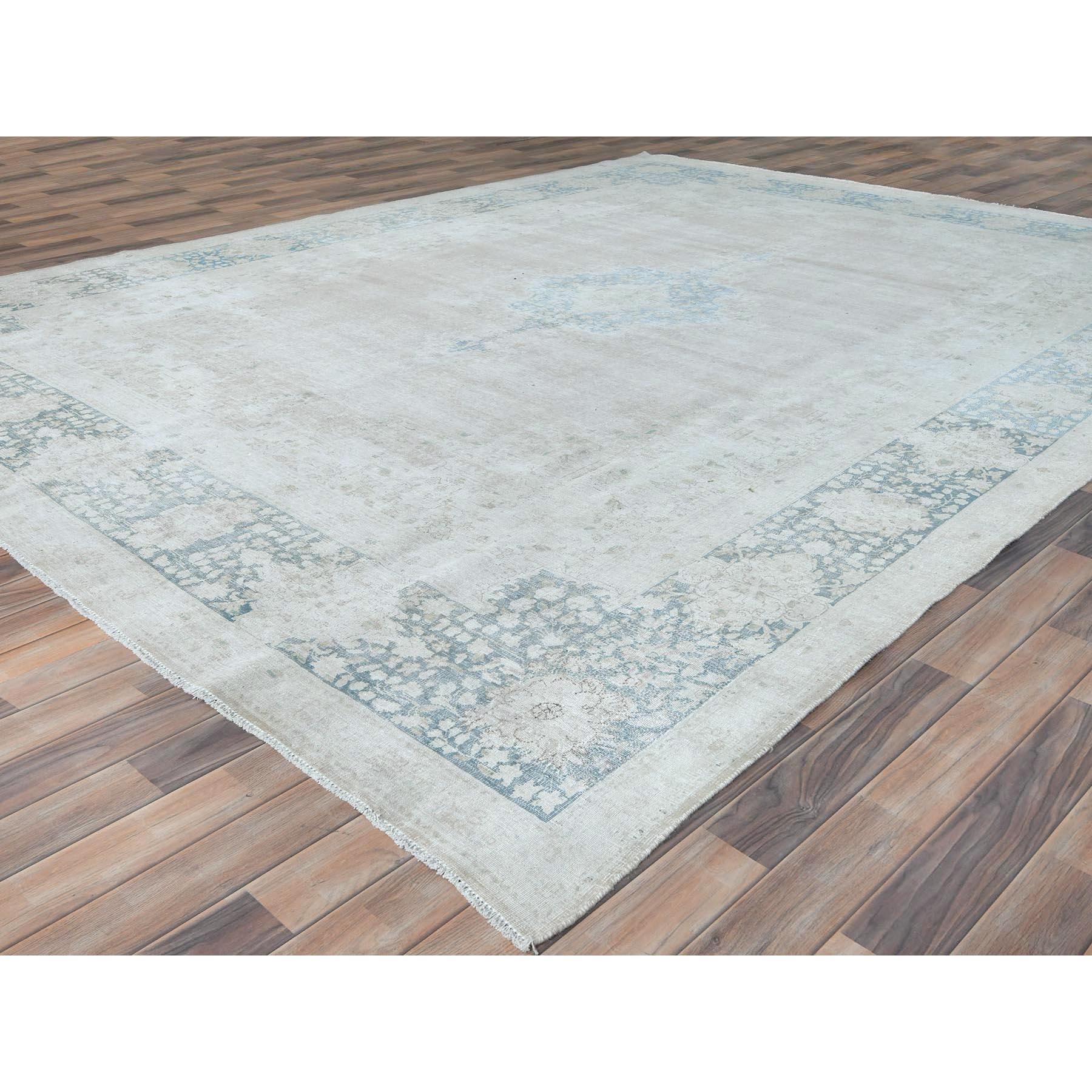 Hand-Knotted Beige Old Persian Kerman Hand Knotted Cropped Thin Worn Wool Distressed Rug For Sale