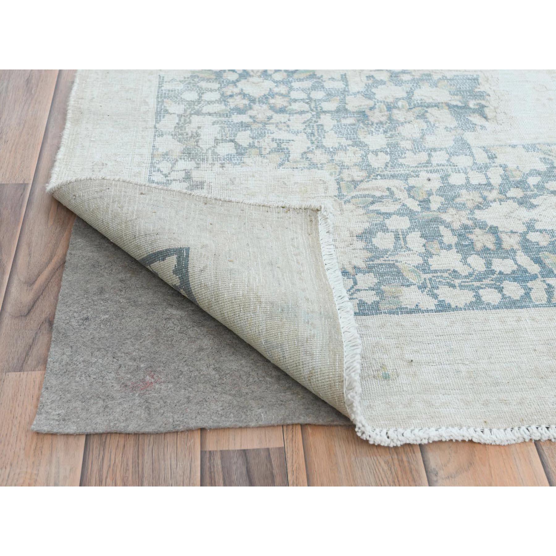 Beige Old Persian Kerman Hand Knotted Cropped Thin Worn Wool Distressed Rug In Good Condition For Sale In Carlstadt, NJ