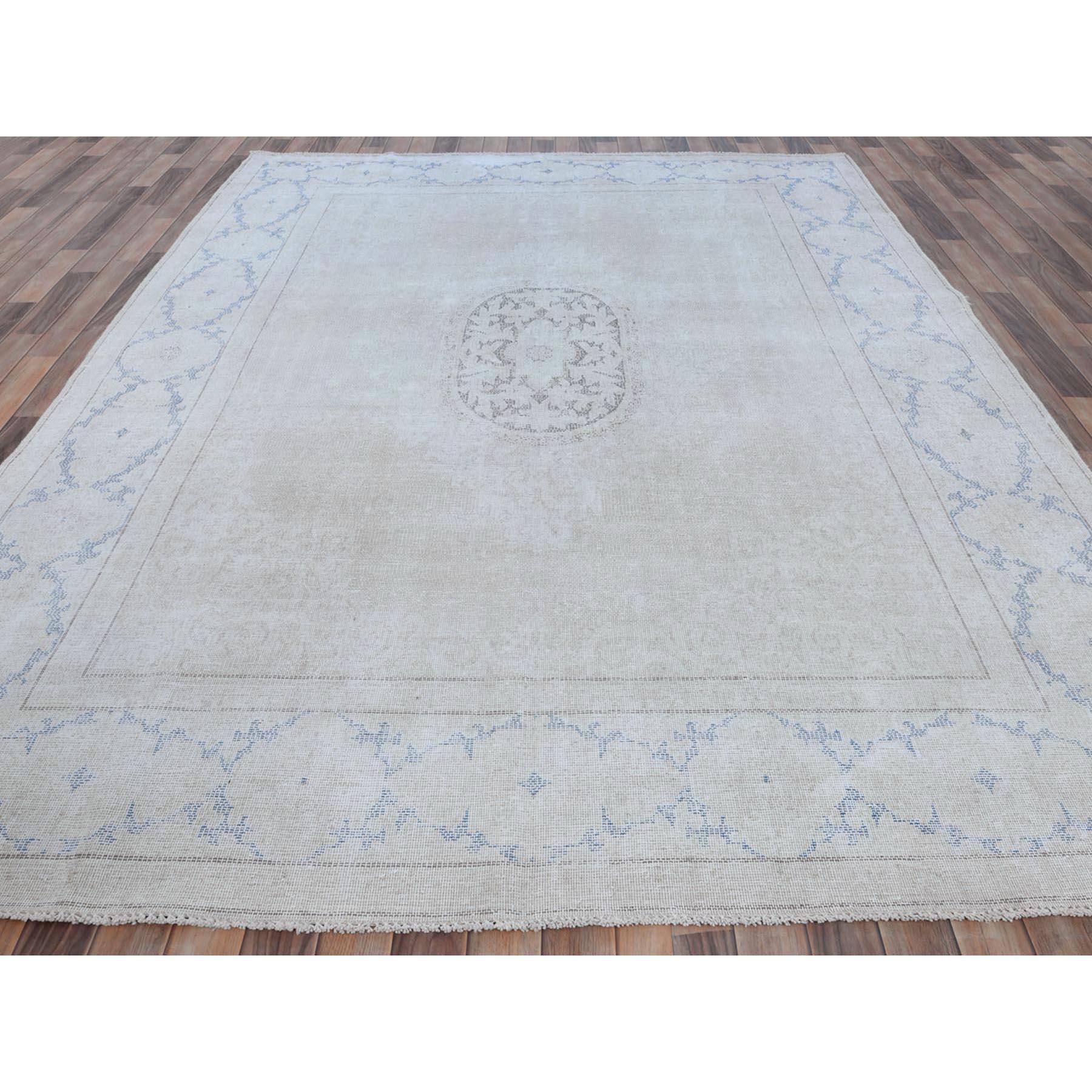 Medieval Beige Old Persian Kerman Shabby Chic Distressed Hand Knotted Worn Wool Rug For Sale