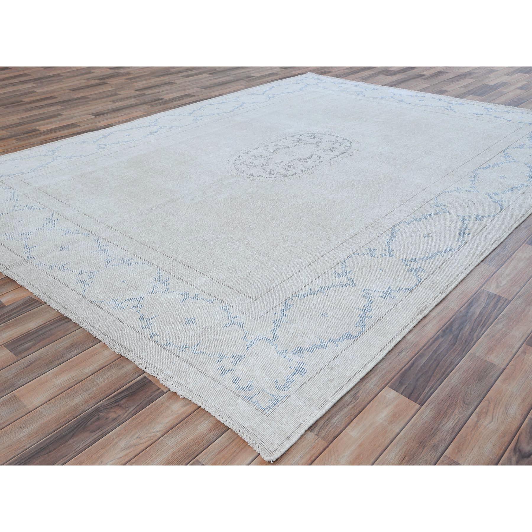 Hand-Knotted Beige Old Persian Kerman Shabby Chic Distressed Hand Knotted Worn Wool Rug For Sale