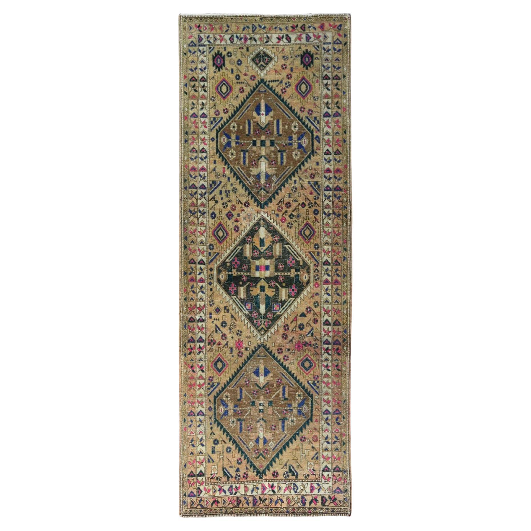 Beige Old Persian Serab Rustic Look Worn Wool Hand Knotted Runner Rug 3'9"x11' For Sale