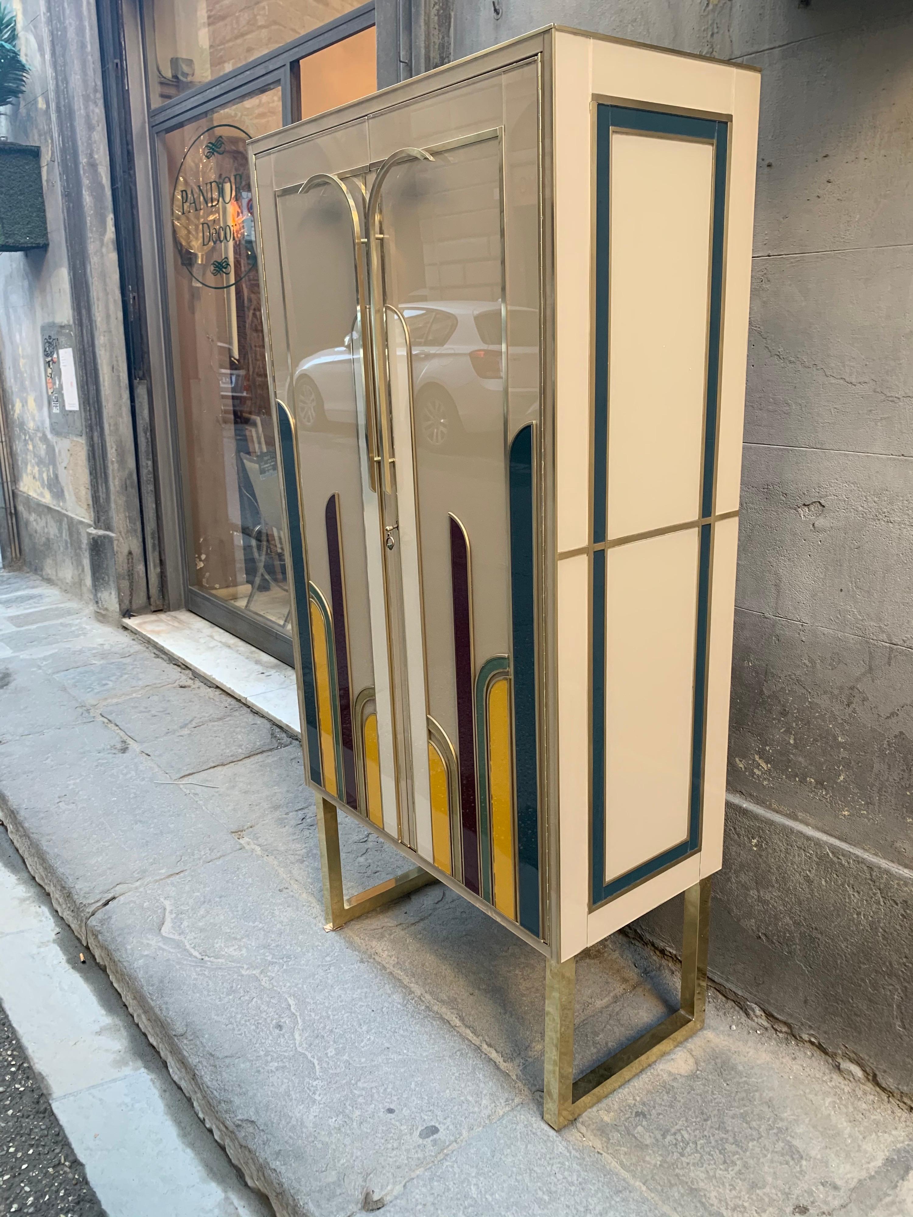 Beige Opaline Glass Cabinet with Multicolored Opaline Glass Inserts, 1980s 1