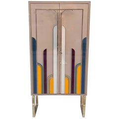 Beige Opaline Glass Cabinet with Multicolored Opaline Glass Inserts, 1980s