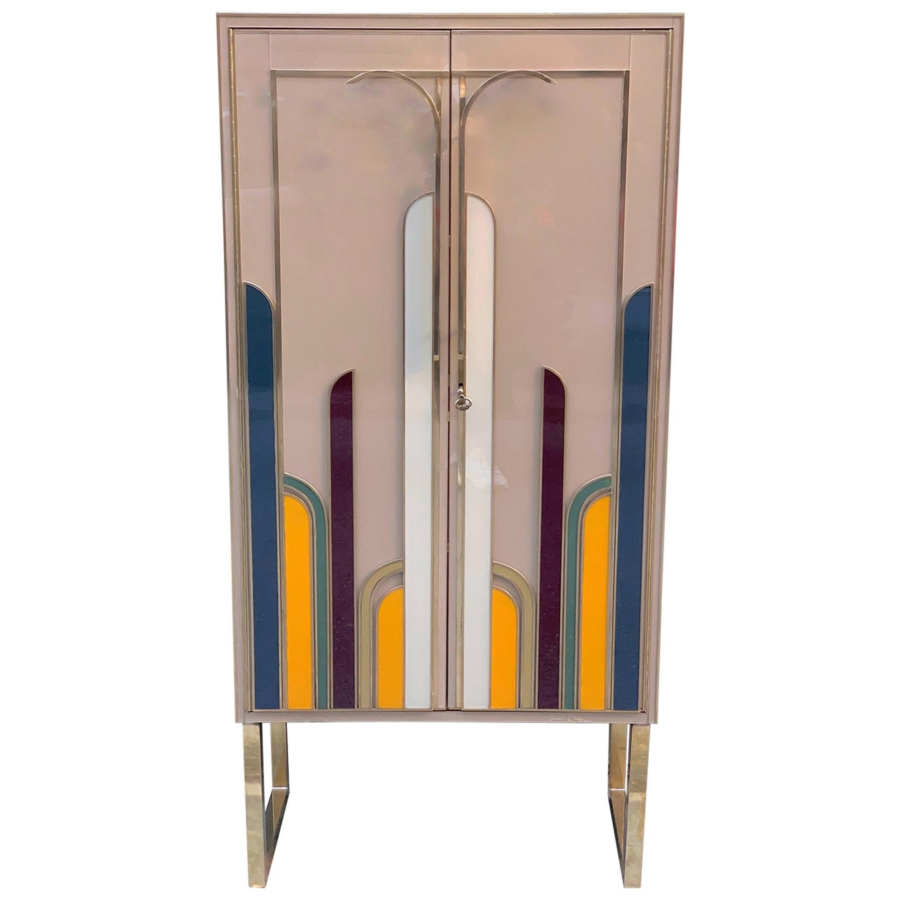 Beige Opaline Glass Cabinet with Multicolored Opaline Glass Inserts, 1980s