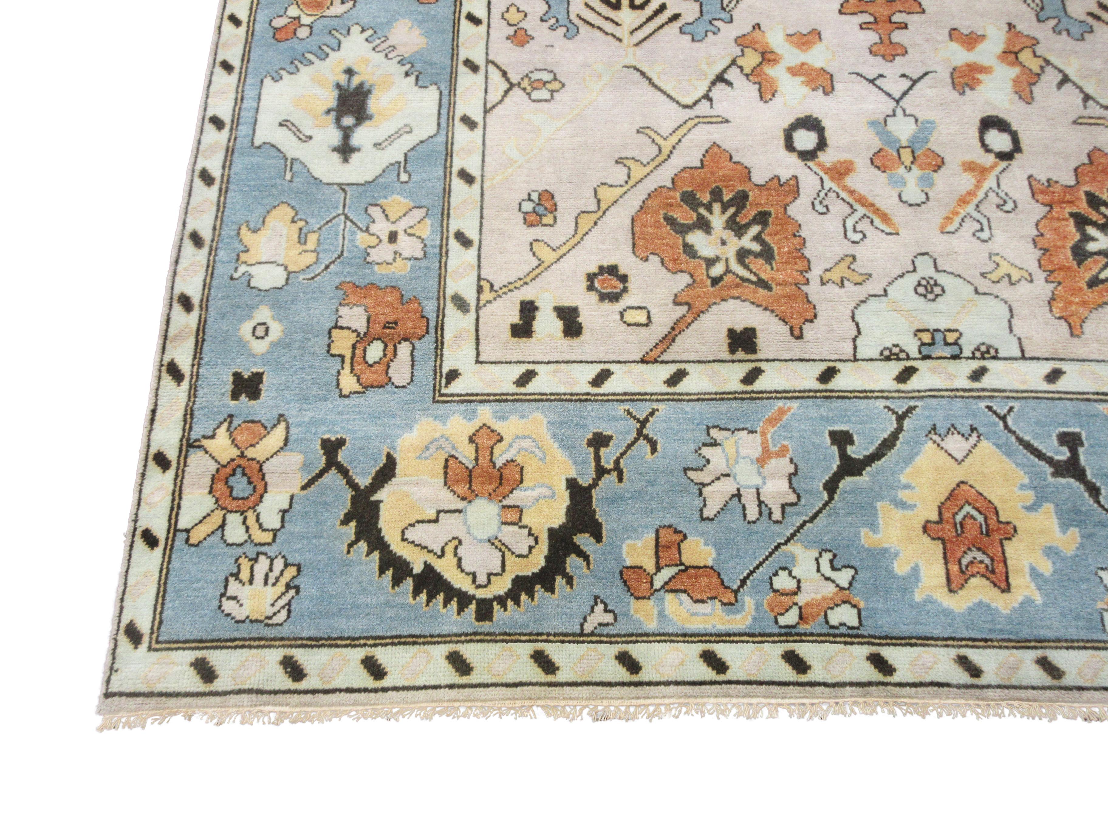Hand-Knotted Beige Oushak Area Rug For Sale