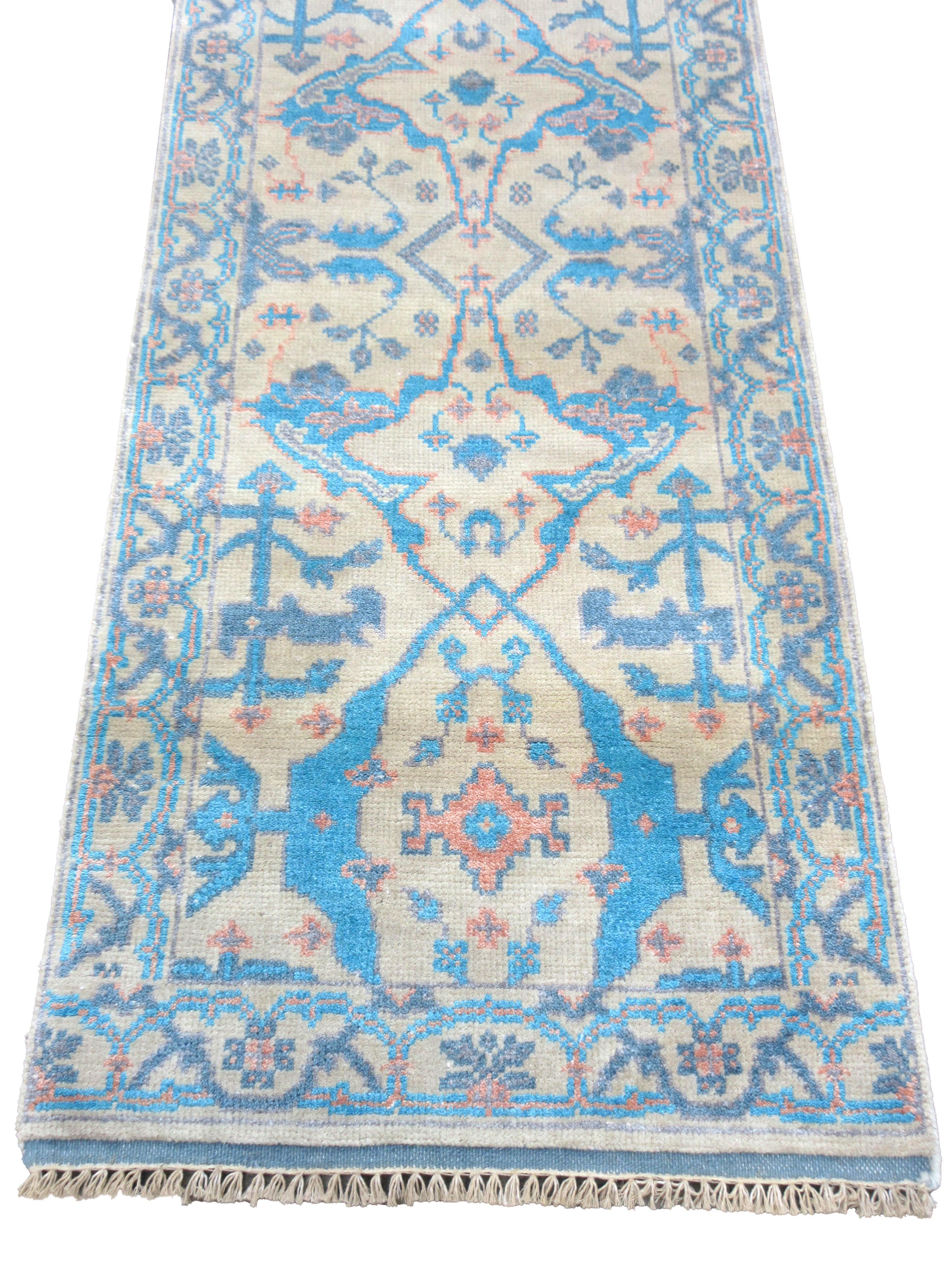 Hand-Knotted Beige Oushak Runner For Sale
