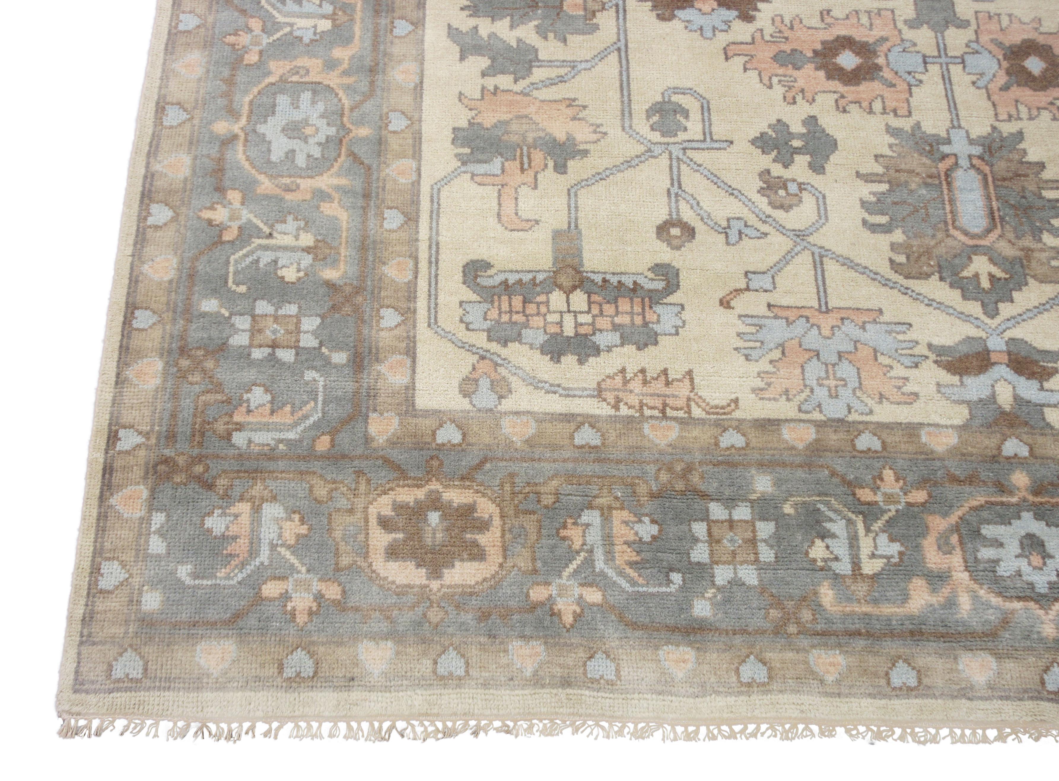 Hand-Knotted Beige Oushak Serapi Area Rug For Sale