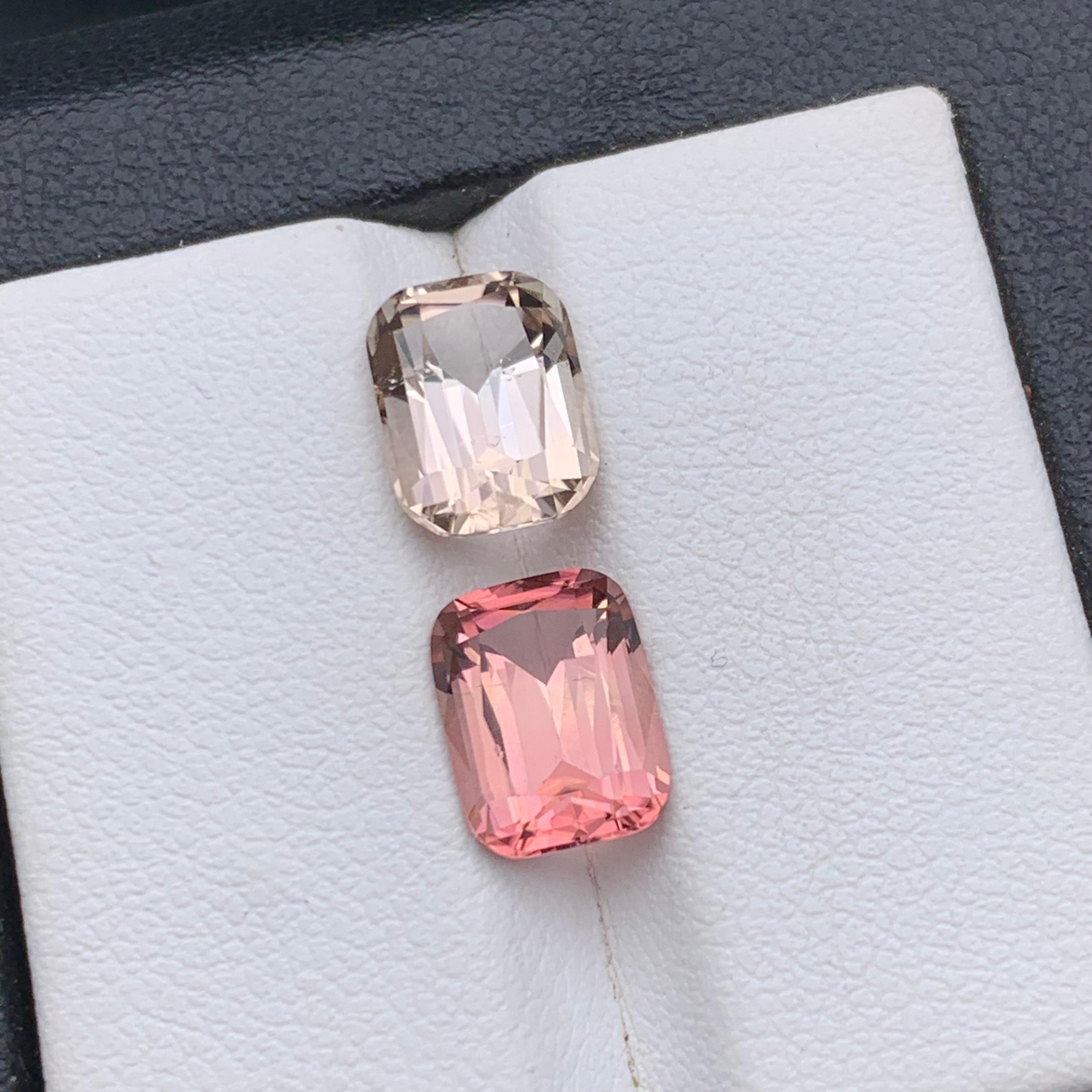 Beige & Peachy Pink Natural Tourmaline Loose Gemstone Reverse Pair 5 Ct Cushion en vente 4