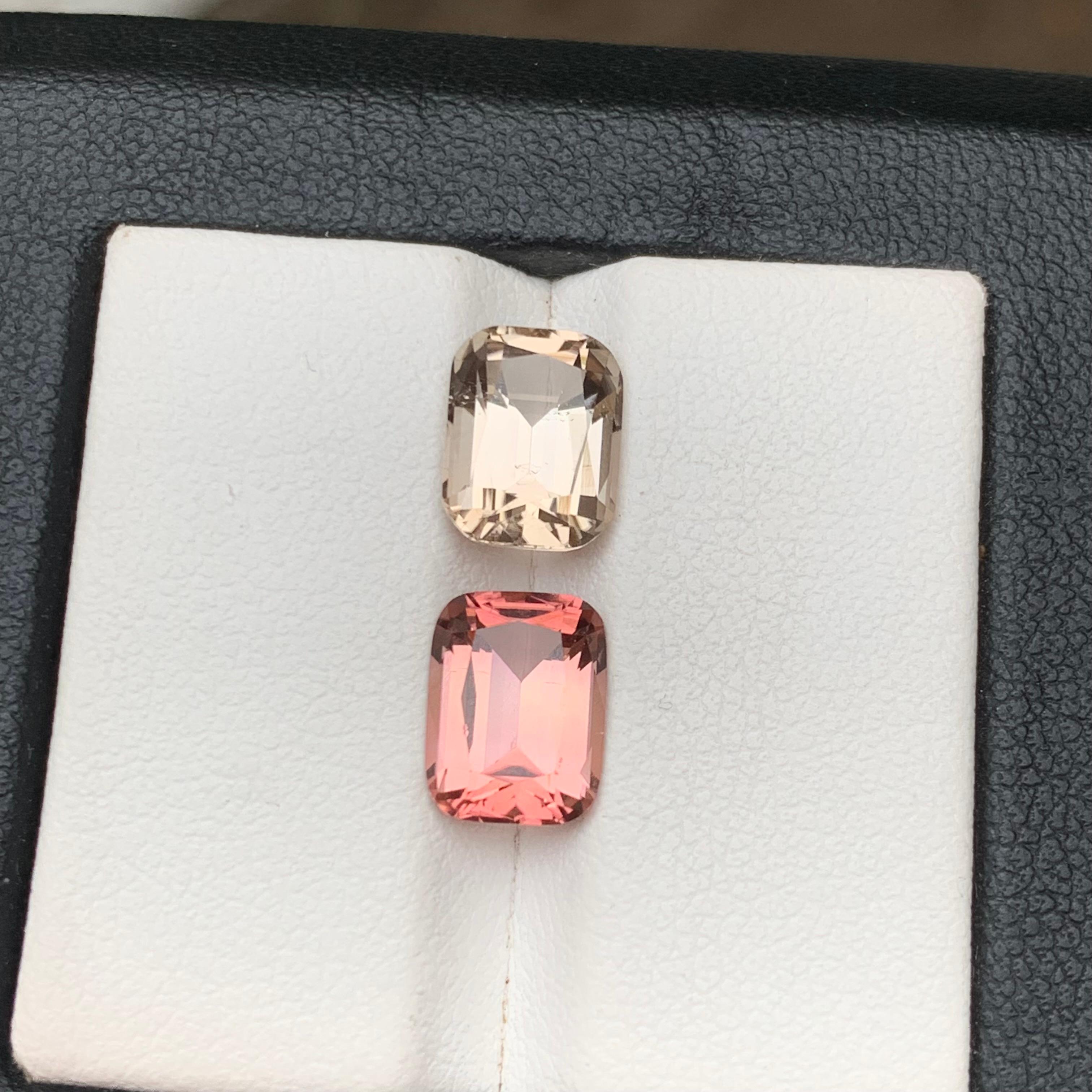 Beige & Peachy Pink Natural Tourmaline Loose Gemstone Reverse Pair 5 Ct Cushion en vente 5