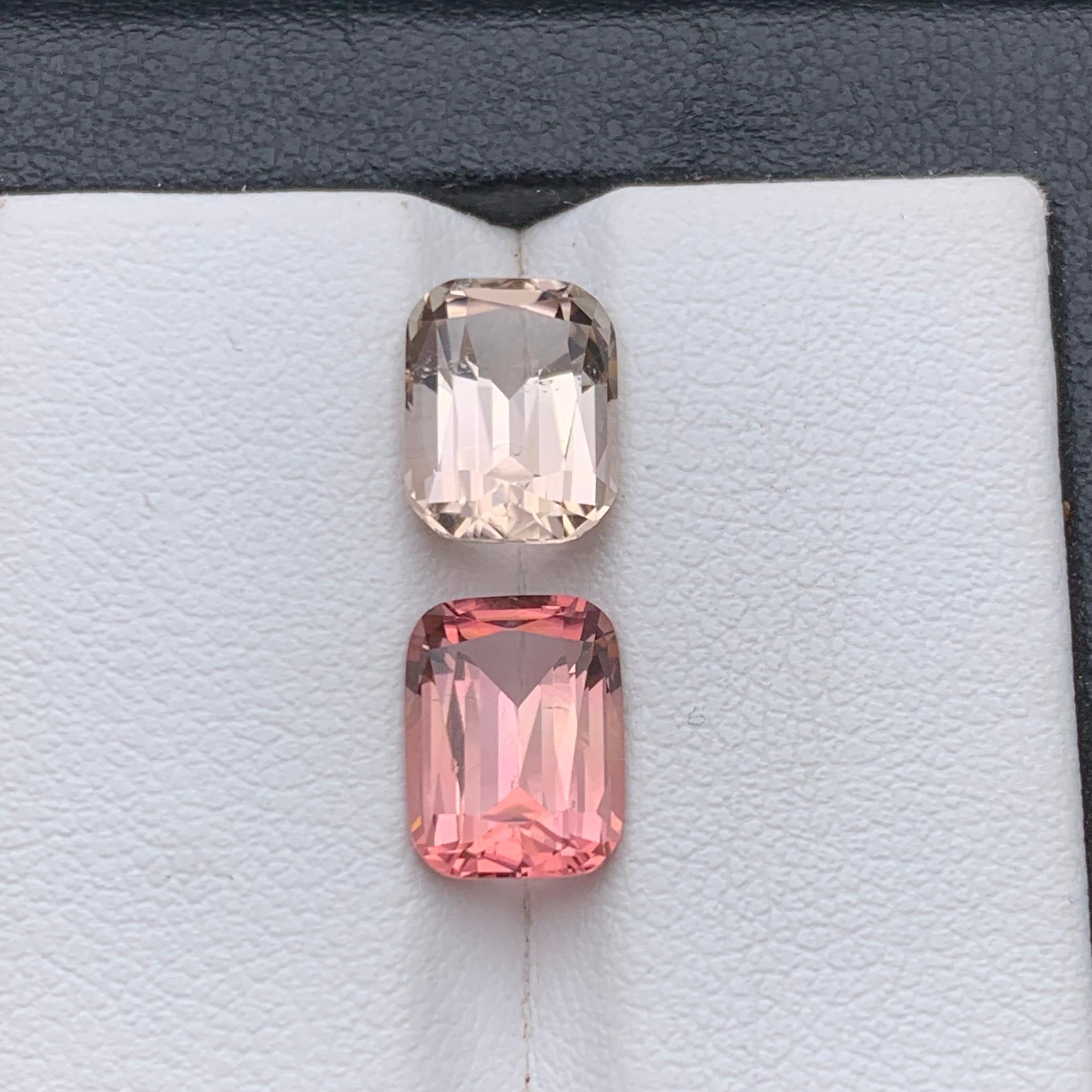 Beige & Peachy Pink Natural Tourmaline Loose Gemstone Reverse Pair 5 Ct Cushion en vente 7