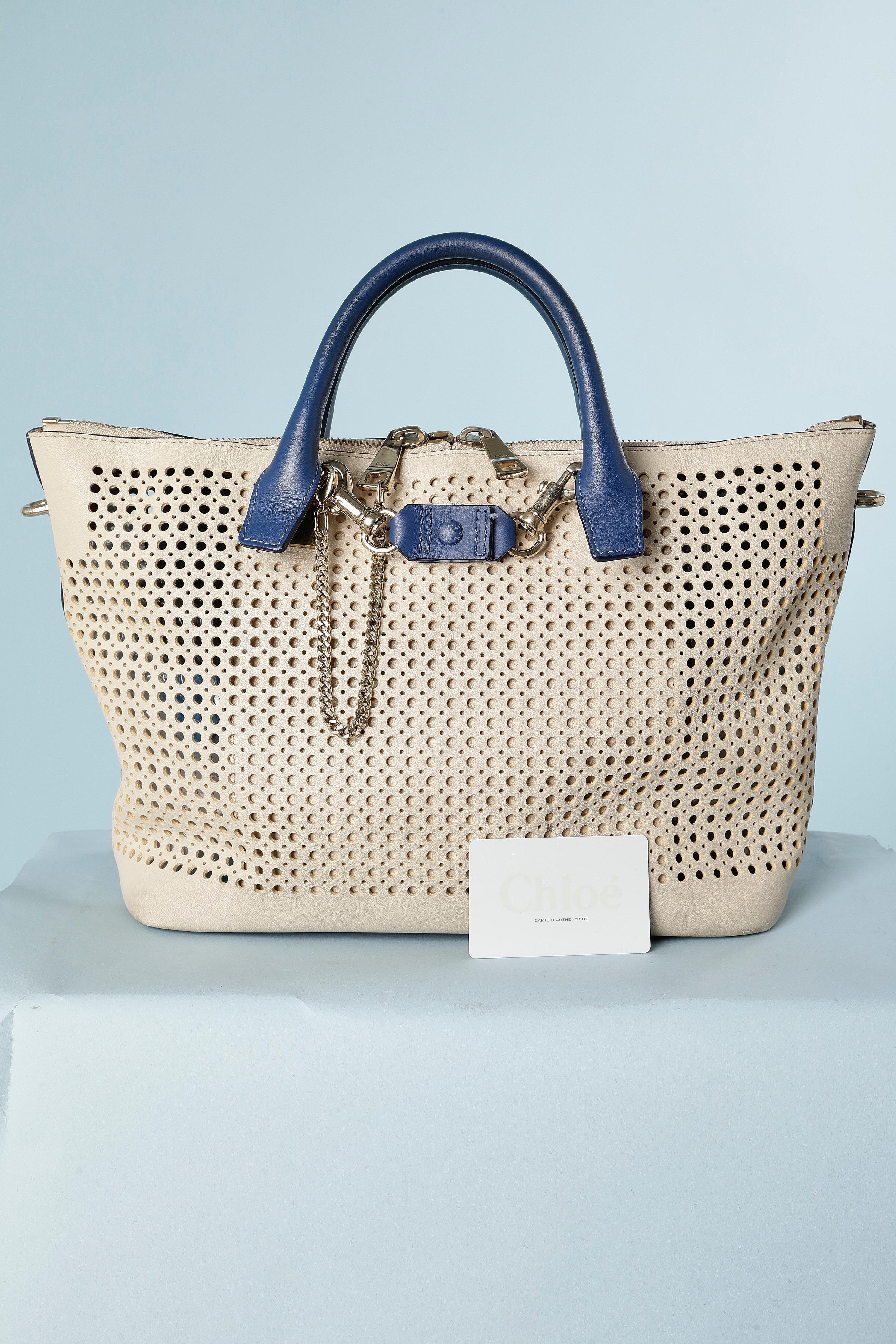 Beige perforated leather bag with blue leather handle and bottom Chloé  For Sale 1