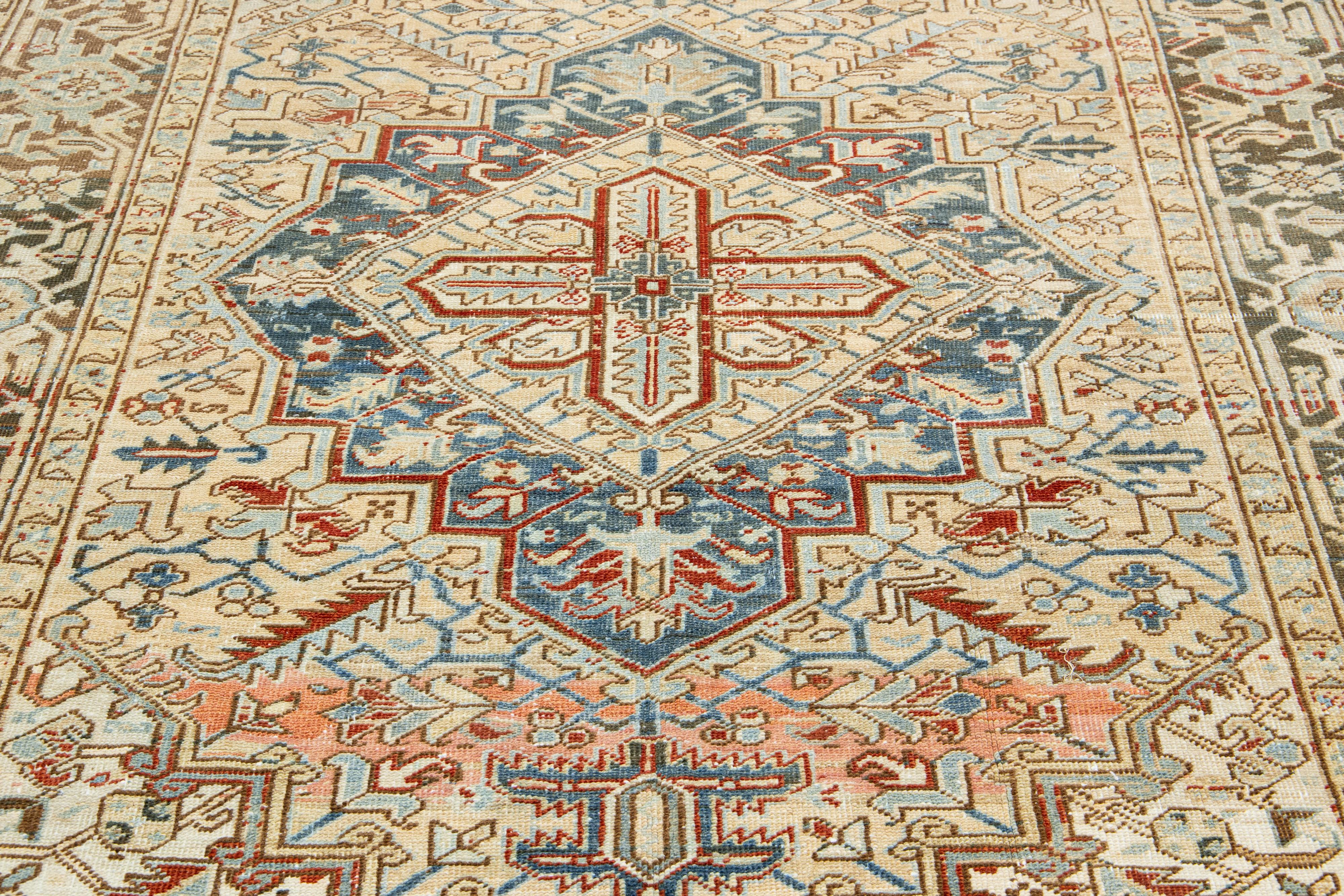 Beige Persian Heriz Antique Wool Rug Featuring a Medallion Motif From The 1920s For Sale 1