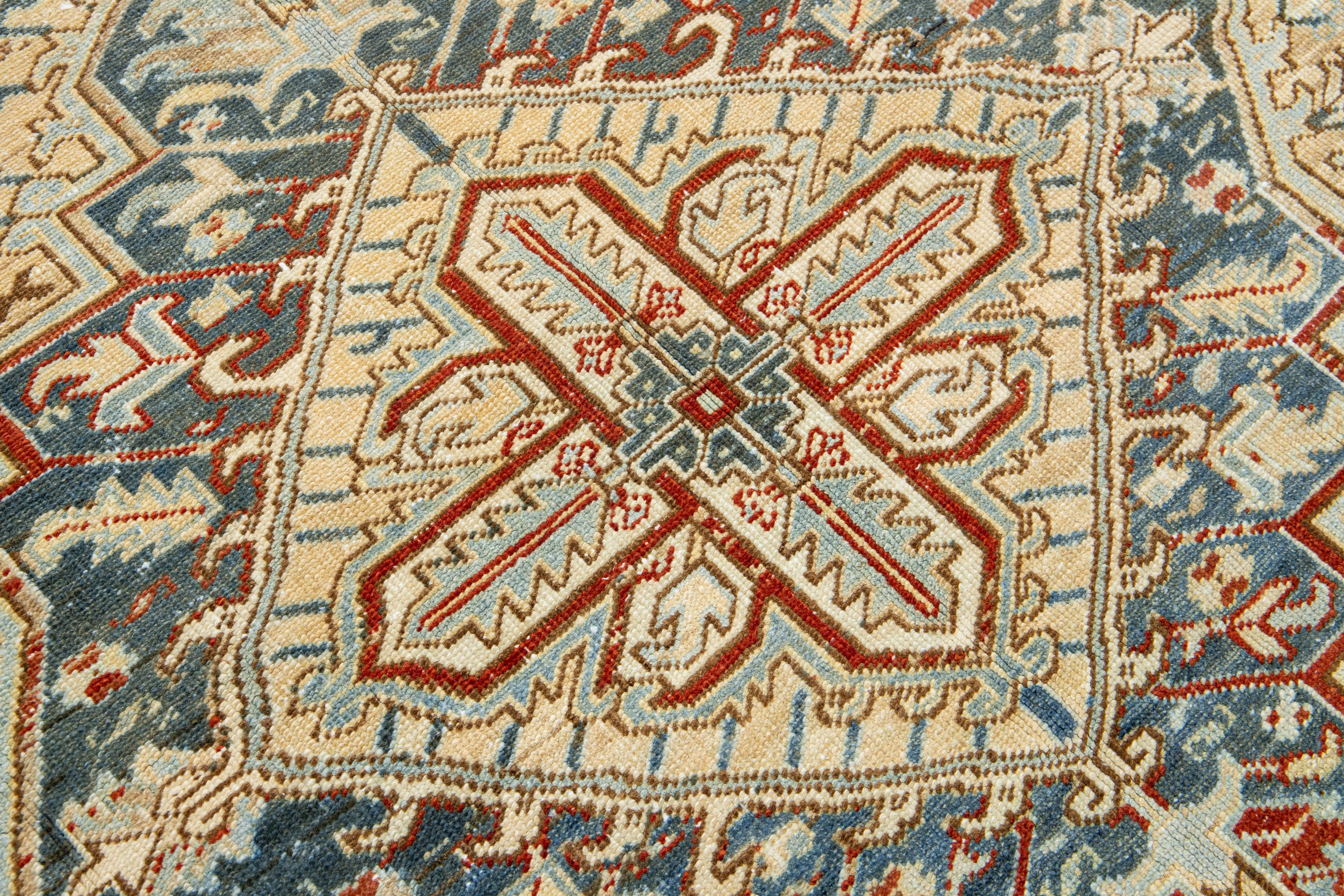 Beige Persian Heriz Antique Wool Rug Featuring a Medallion Motif From The 1920s For Sale 2