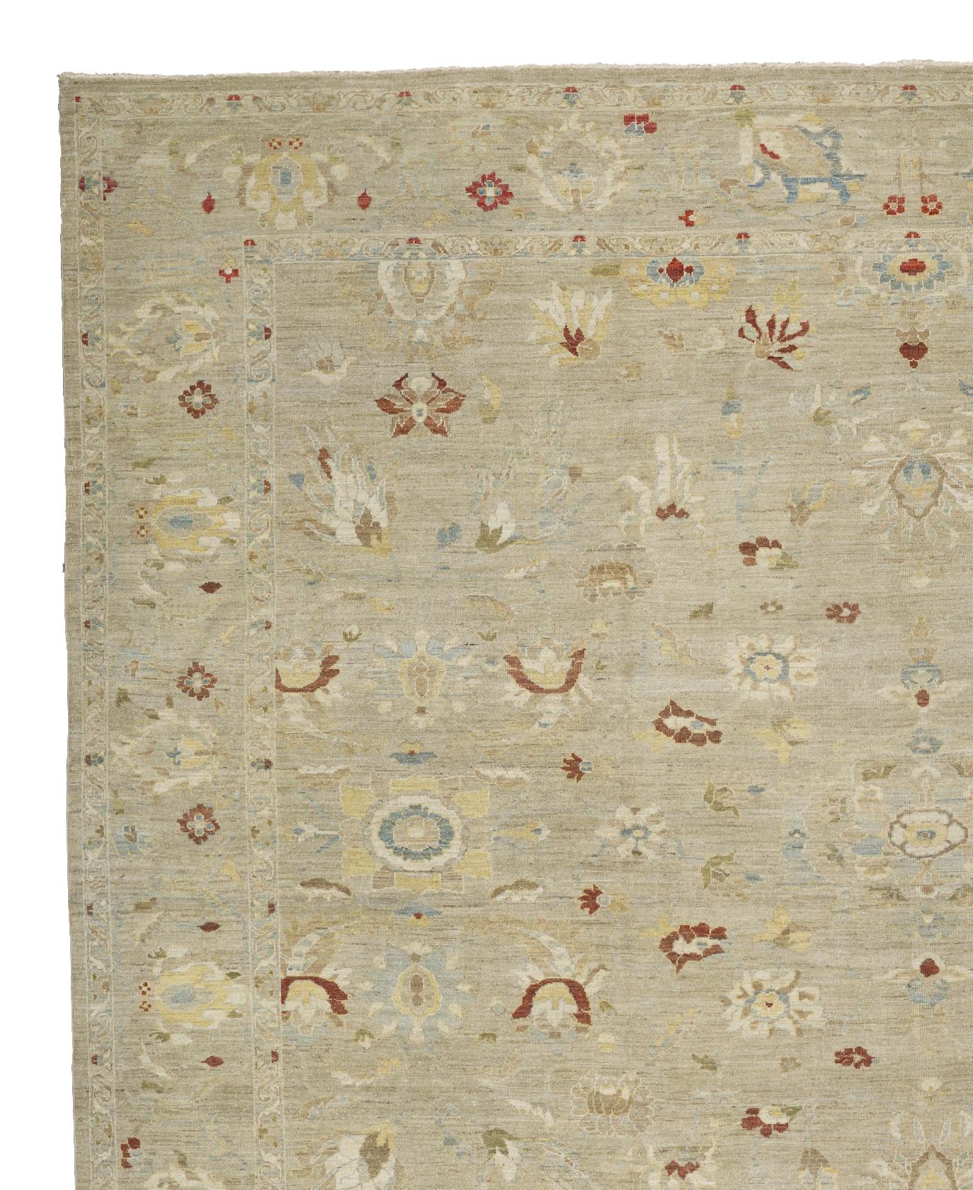 Dieser große, luxuriöse, handgeknüpfte Wollteppich misst 488 x 599 cm (16 ft 0 in x 19 ft 8 in) und passt in die Kategorie Oversize / Great Room, ideal für ausgedehnte Wohnräume, formelle Esszimmer und Bibliotheksräume. Er wird in moderner