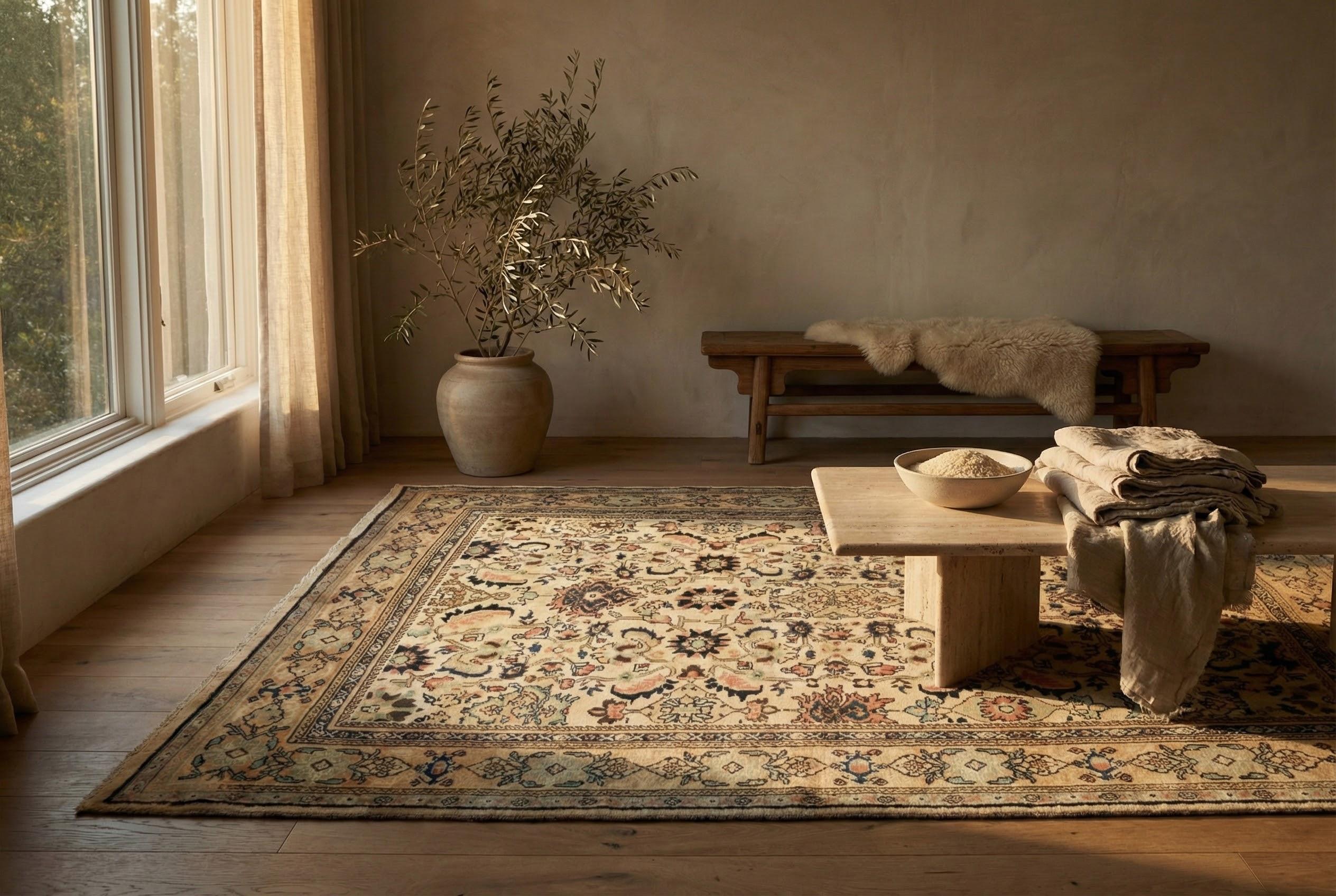 This antique Persian Sultanabad rug dates to the early 20th century (circa 1900–1920) and offers a refined, light-toned aesthetic in a standard large format suited for prominent living areas. Hand-knotted in wool on cotton with an asymmetrical knot