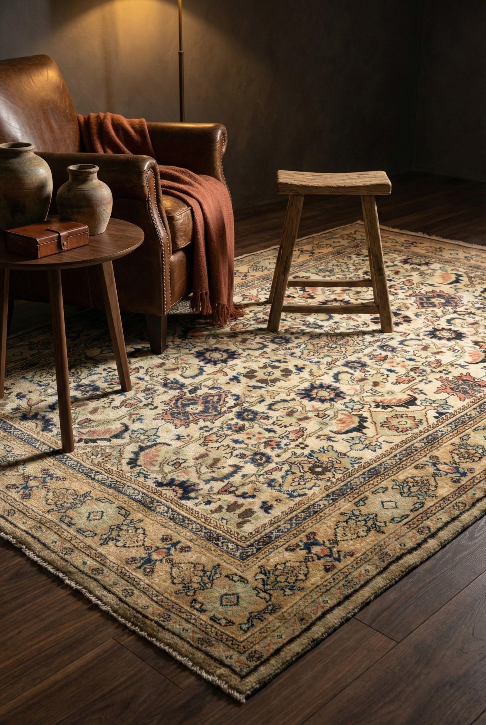 Beige Persian Wool Hand Knotted Rug 7 ft x 10 ft, Floral Harmony Sultanabad en venta