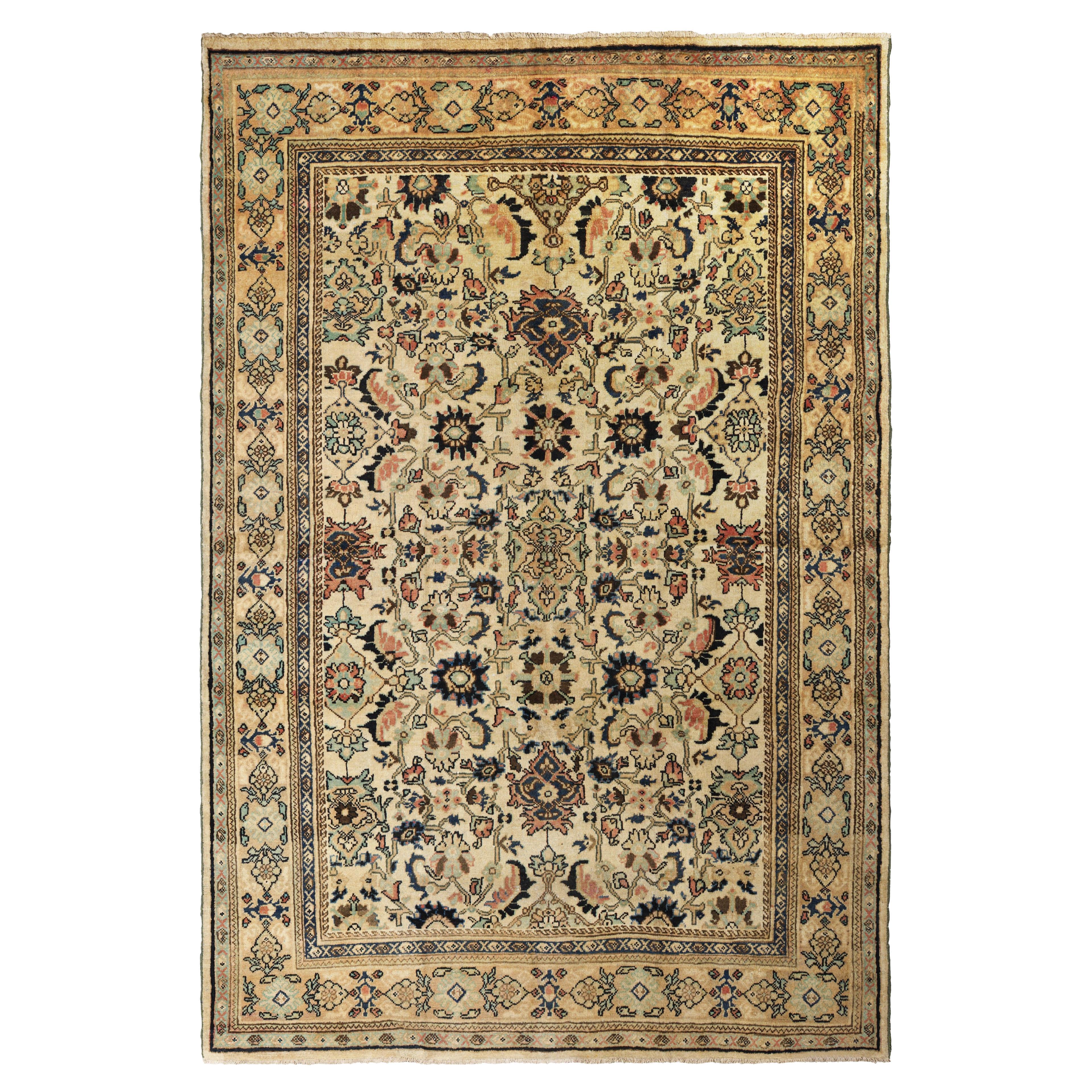 Beige Persian Wool Hand Knotted Rug 7 ft x 10 ft, Floral Harmony