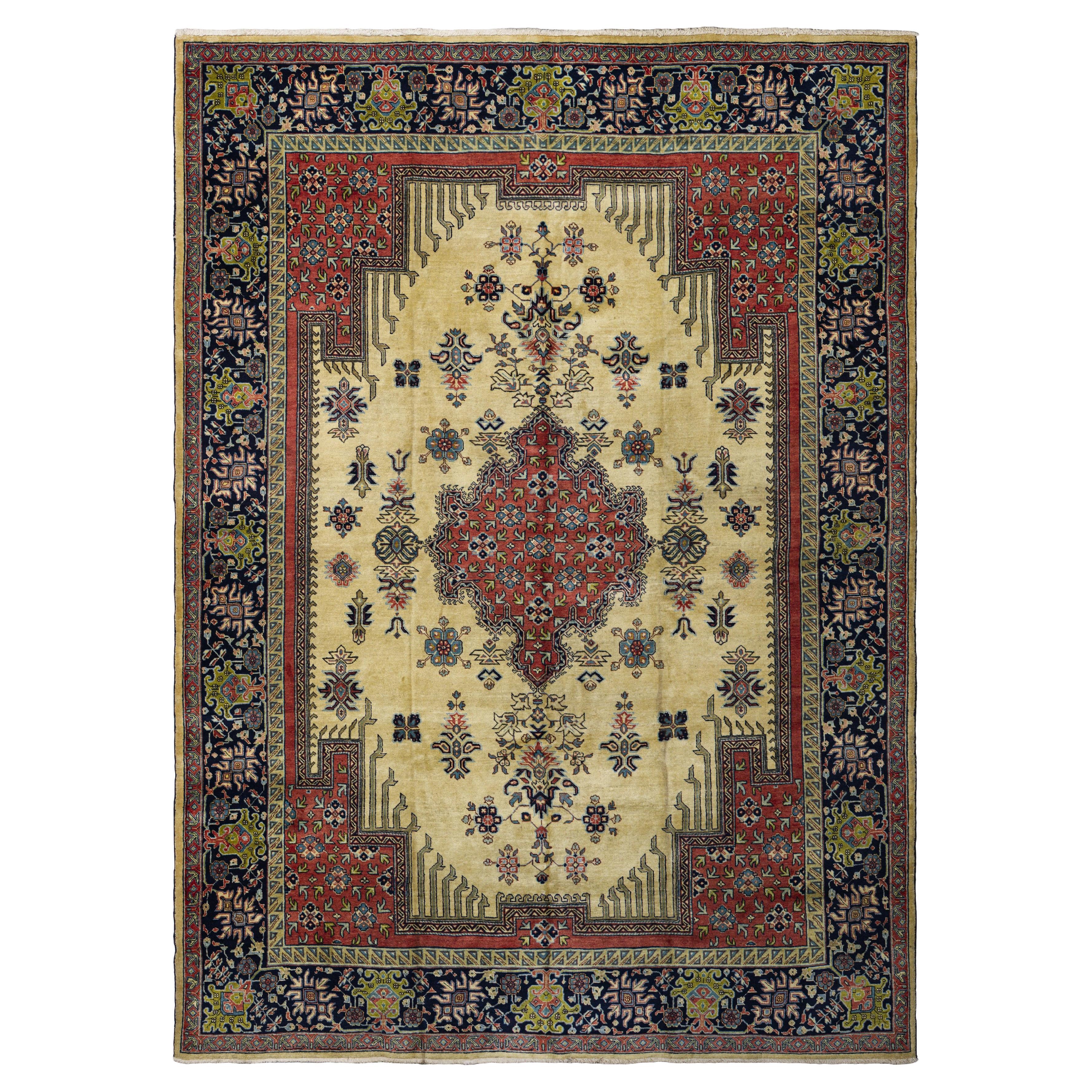 Beige Persian Wool Hand Knotted Rug 8 ft x 11 ft, Floral Harmony Reverie