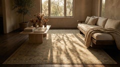 Beige Persian Wool Hand Knotted Rug 9 ft x 12 ft, Quiet Garden Lattice