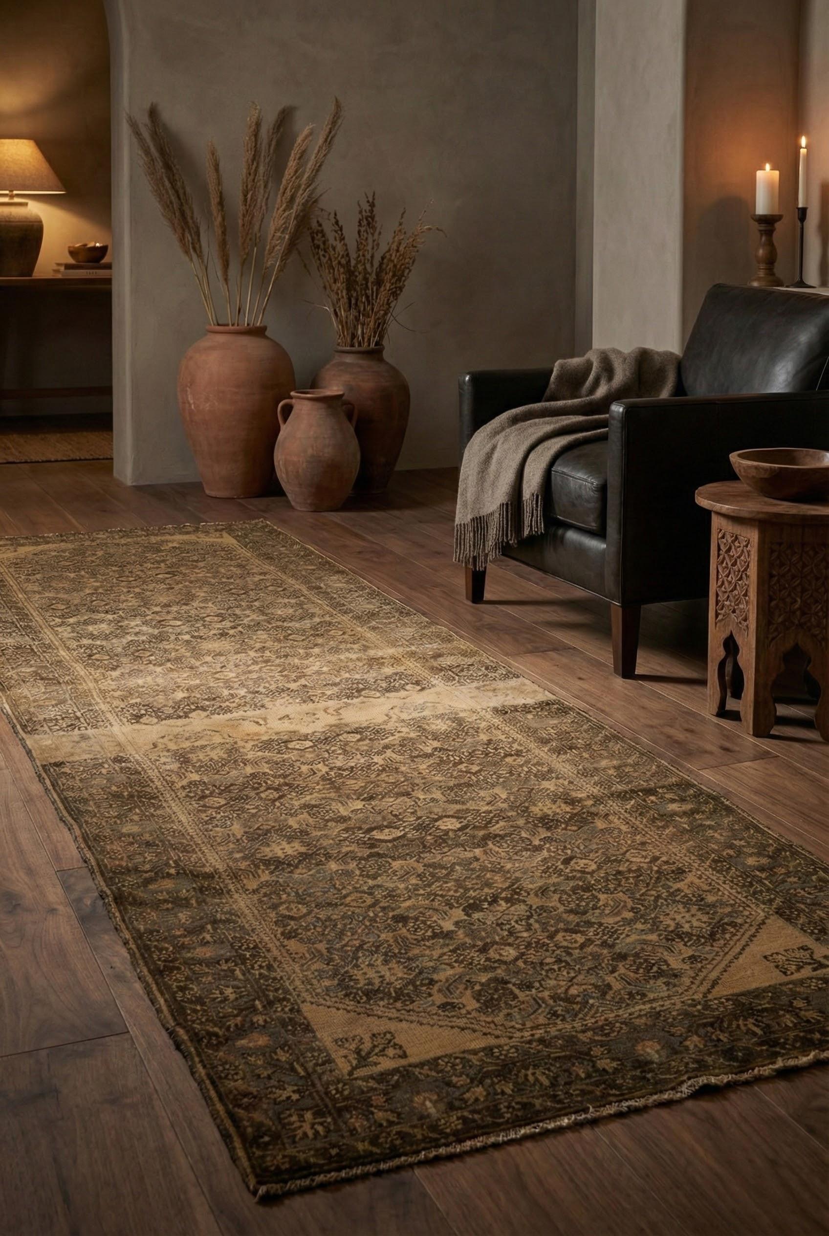 Tribal Beige Persian Wool Hand Knotted Runner 3 ft x 10 ft , Khaki Garden Tapestry en vente