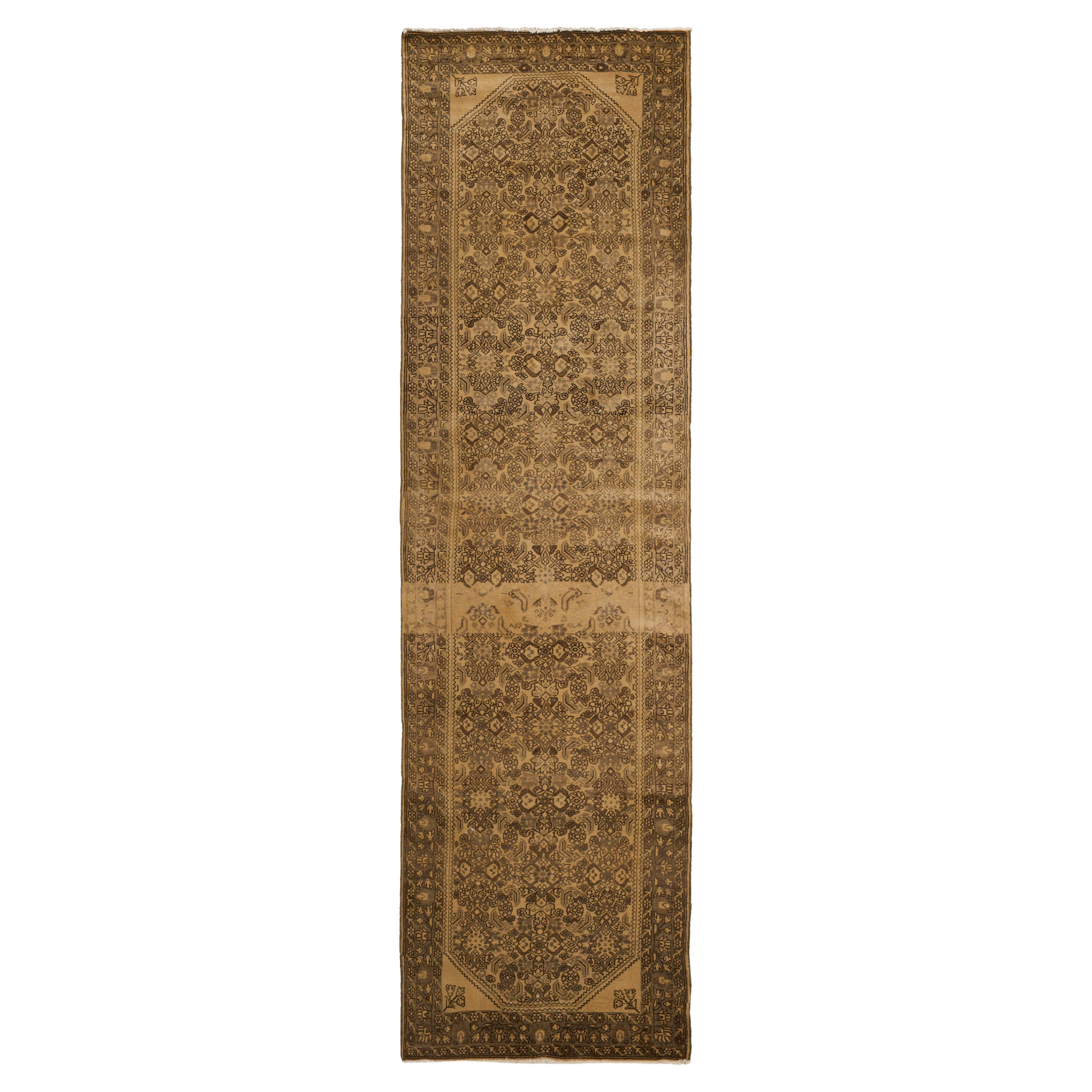 Beige Persian Wool Hand Knotted Runner 3 ft x 10 ft , Khaki Garden Tapestry