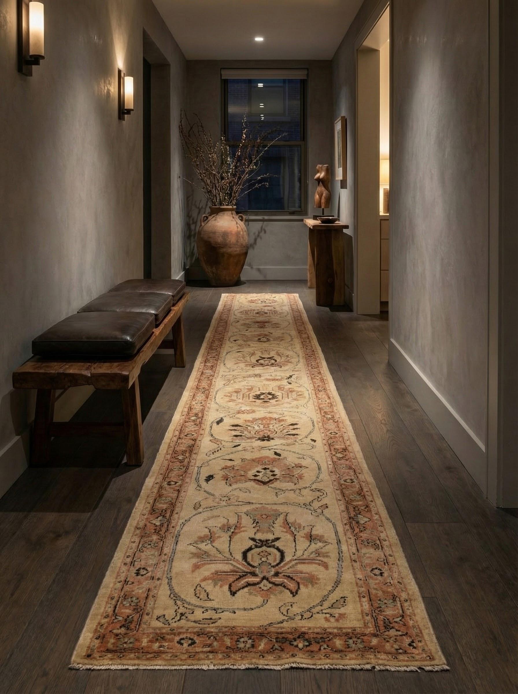 This vintage Persian Tabriz gallery runner (c.1900–1920) is a finely hand-knotted wool piece sized approximately 3 ft 3 in x 23 ft 4 in (about 7.05 sq. m). Woven on a cotton foundation using the asymmetrical Persian knot, it represents the elevated