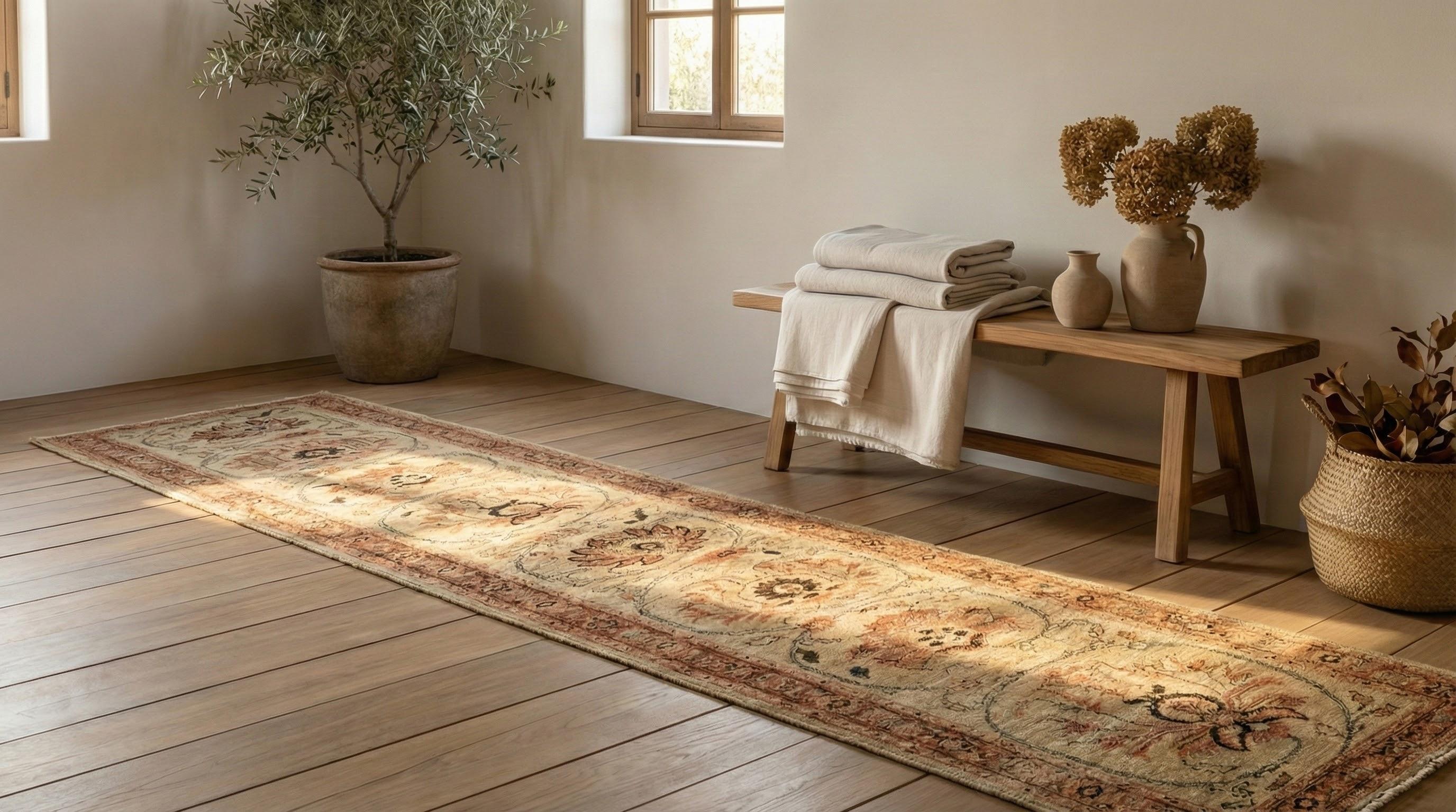 Tabriz Beige Persian Wool Hand Knotted Runner 3 ft x 23 ft , Desert Medallion Elegance in vendita